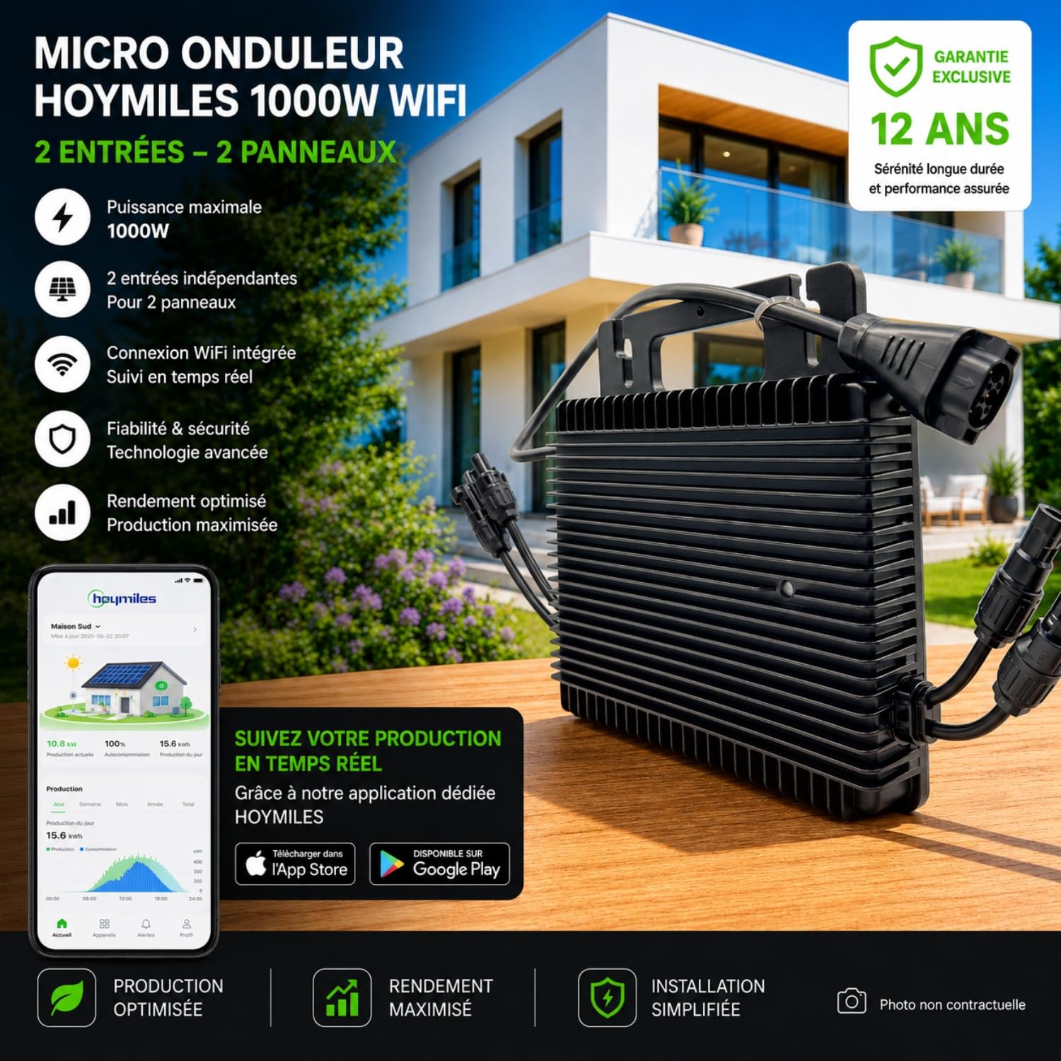 Pack Hoymiles HMS-1000W-2T Micro-onduleur 1000W – WiFi & Bluetooth – pour 2 Panneaux Solaires + Câble AC Plug&Play HMS 5m