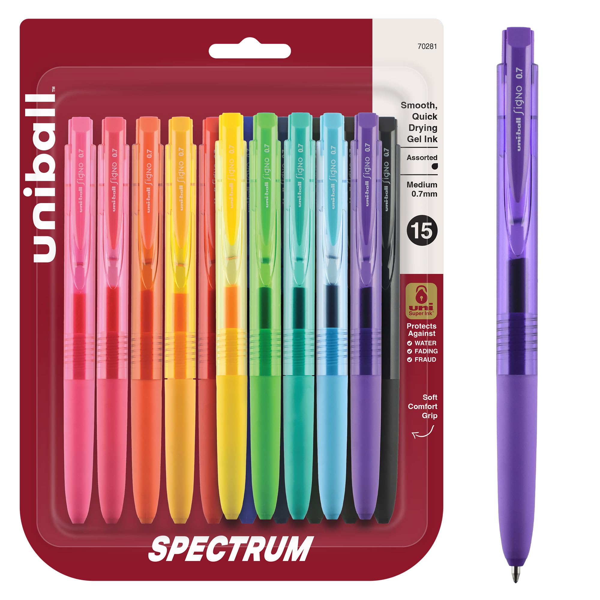 uni-ball Długopis żelowy Spectrum chowany 15 sztuk w różnych kolorach ze średnimi końcówkami 0,7 mm, atrament Uni-Super jest gładki, żywy i chroni przed wodą, blaknięciem i oszustwem