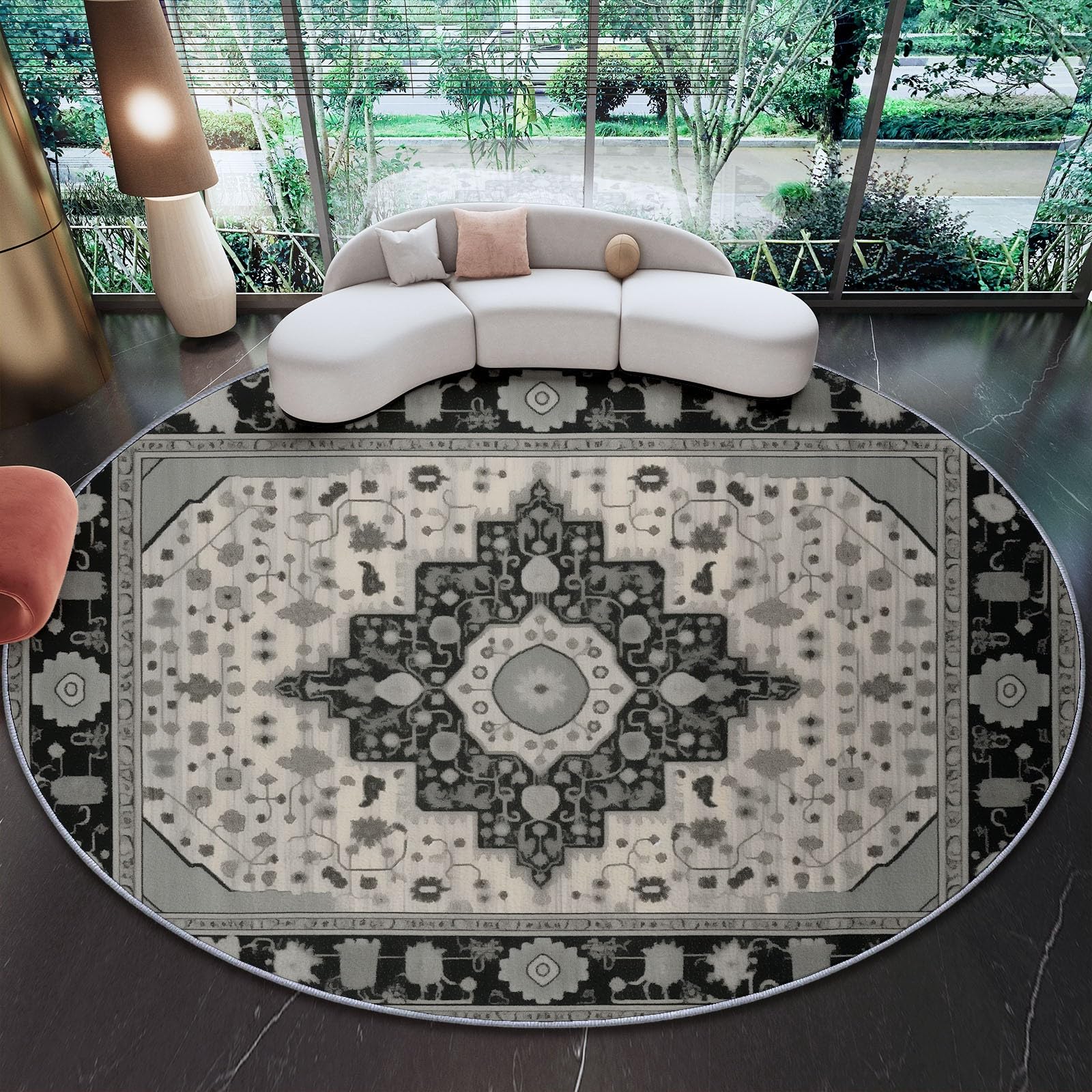 Tappeto rotondo soggiorno 100 cm (Round) soffice morbido Motivo in stile persiano retrò antiscivolo lavabile in lavatrice Tappeto, per camera da letto bagno corridoio Cucina Nero Beige