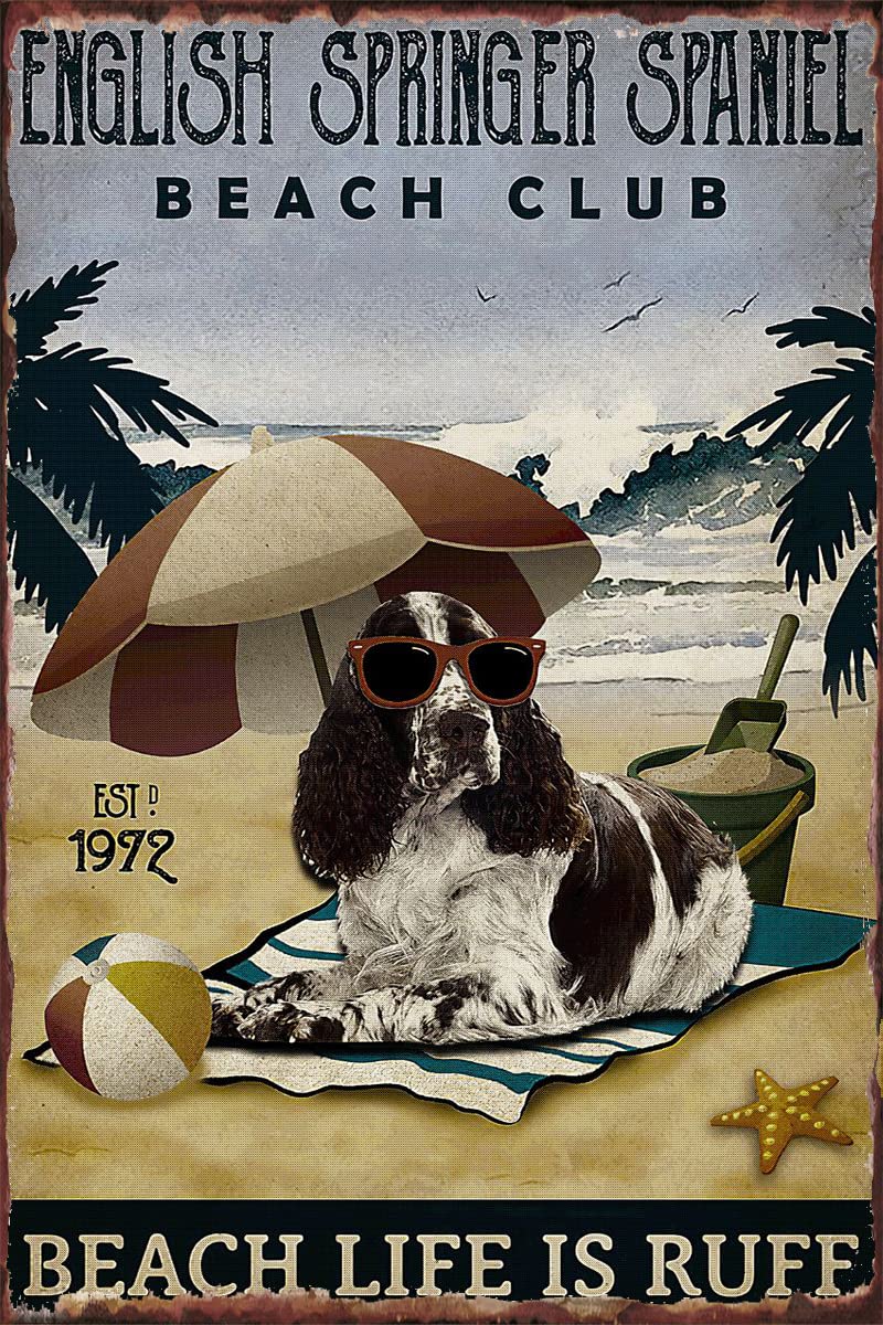FJQWKLF Retro Metal Tin Sign English Springer Spaniel Beach Club Metal SignVintage Metal Plaque Wall Decor Gift For Bathroom Restaurant Farm Bedroom Cafe School 8x12 Inch