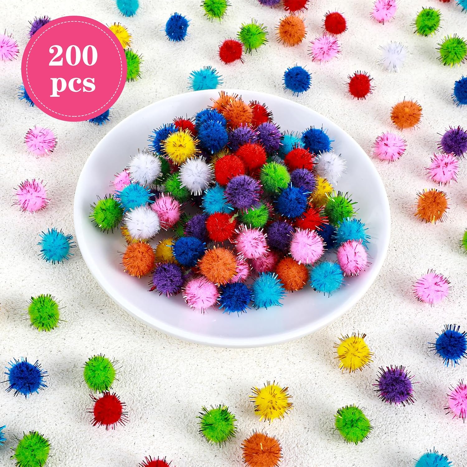 Mabor 200 Pcs Glitter Pom Pom Balls, 0.59 inch Multicolor Assorted Sparkle Glitter Poms Balls for Fluffy Craft Pompoms for Art Crafts, DIY Decorations - Image 5
