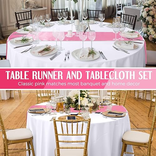 Miniatura 5 de Tudomro Juego de 8 manteles redondos de plástico y camino de mesa de satén de 12 x 108 pulgadas, manteles redondos de 84 pulgadas para fiestas,