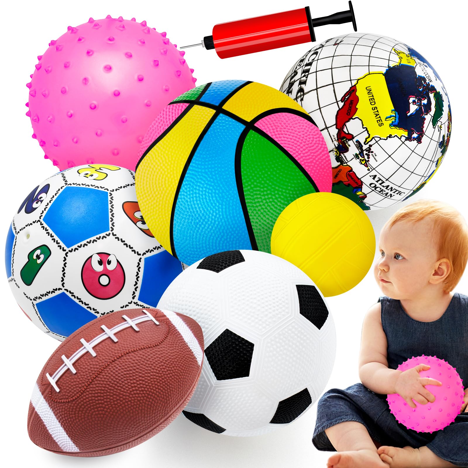 Ladwon Toddler Sports Balls Set - 7pcs Indoor/Outdoor Toys for Boys & Girls (1-3 yrs) - Soccer, Basketball, Tennis, Rugby Balls with Bag
