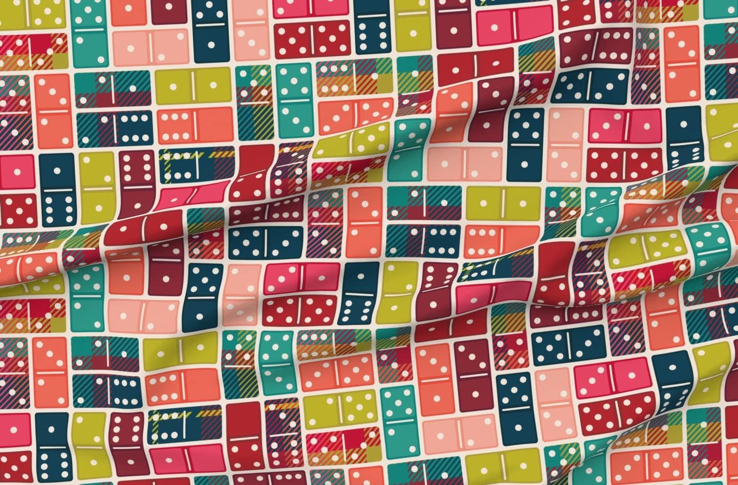 Spoonflower Fabric - Playing Plaid Dominos Pink Green Blue Red Turquoise Dots Printed on Petal Signature Cotton Fabric Fat Quarter - Sewing Quilting Apparel Crafts Decor