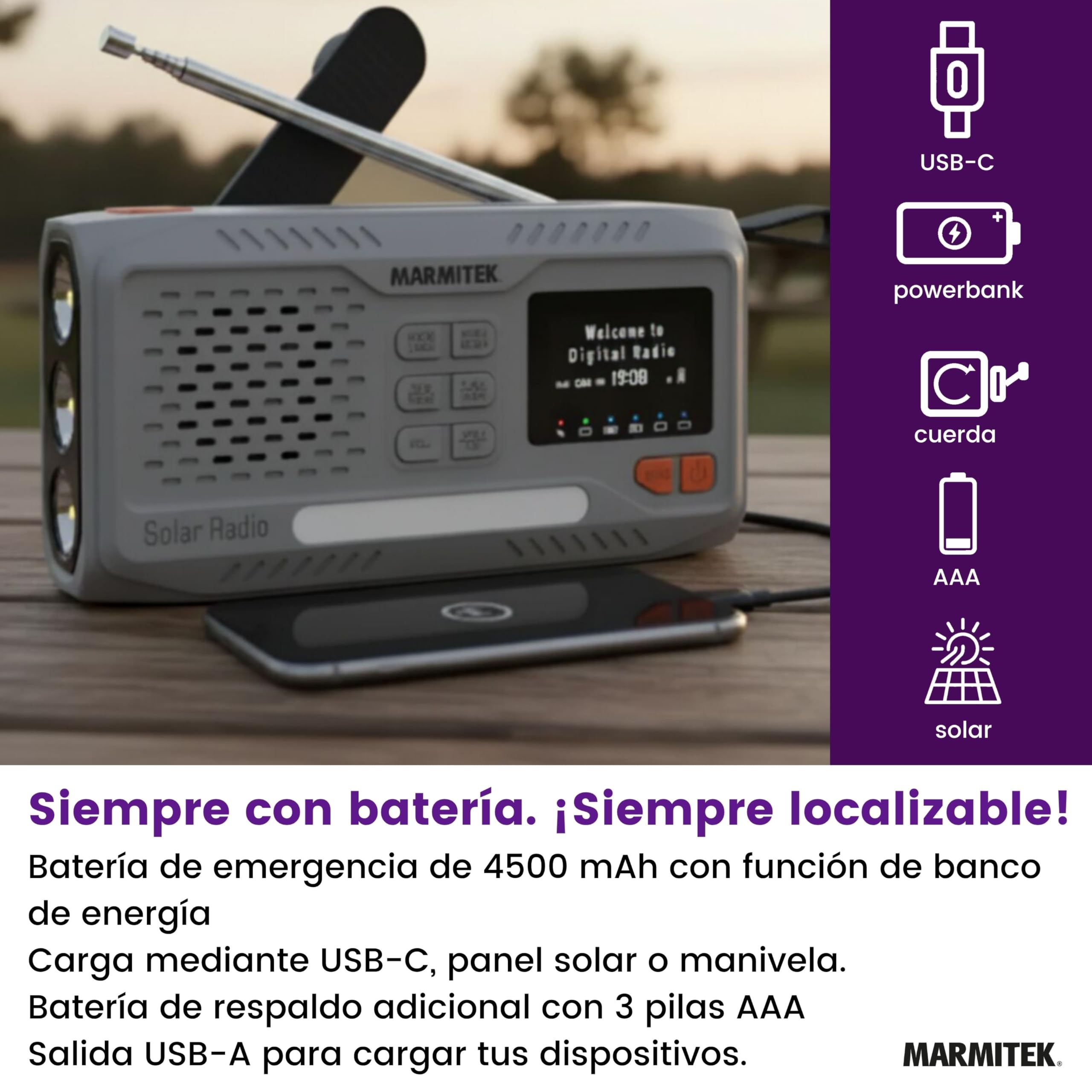 Marmitek RESQ 100 - Radio de Emergencia Dab+/FM Solar con manivela y SOS