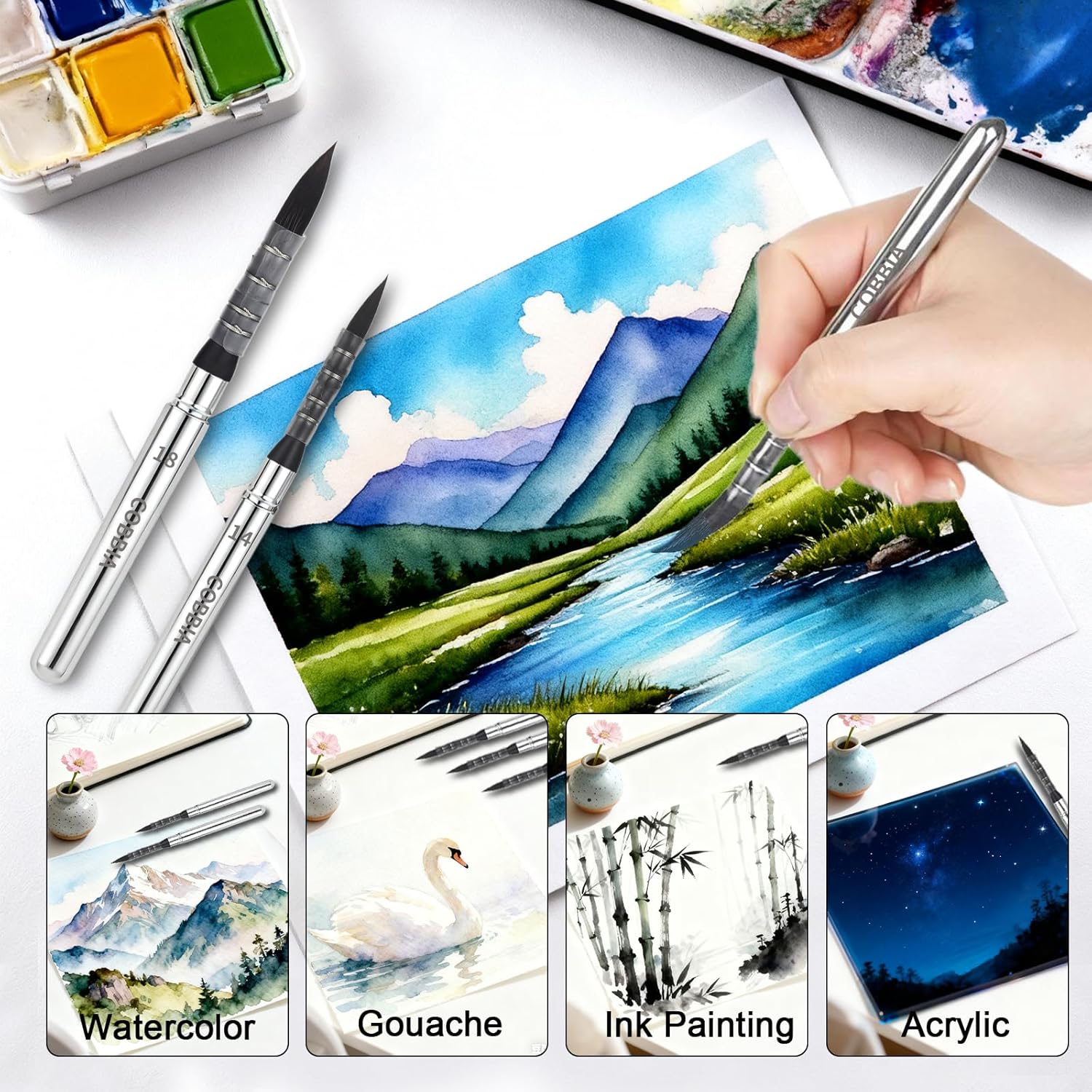 Synthetic Soft Squirrel Mop Round Fine Tip Quill Watercolor Travel Brushes with Leather Pouch for Art Painting, Gouache, Acrylic Painting Oil Painting（4pcs）