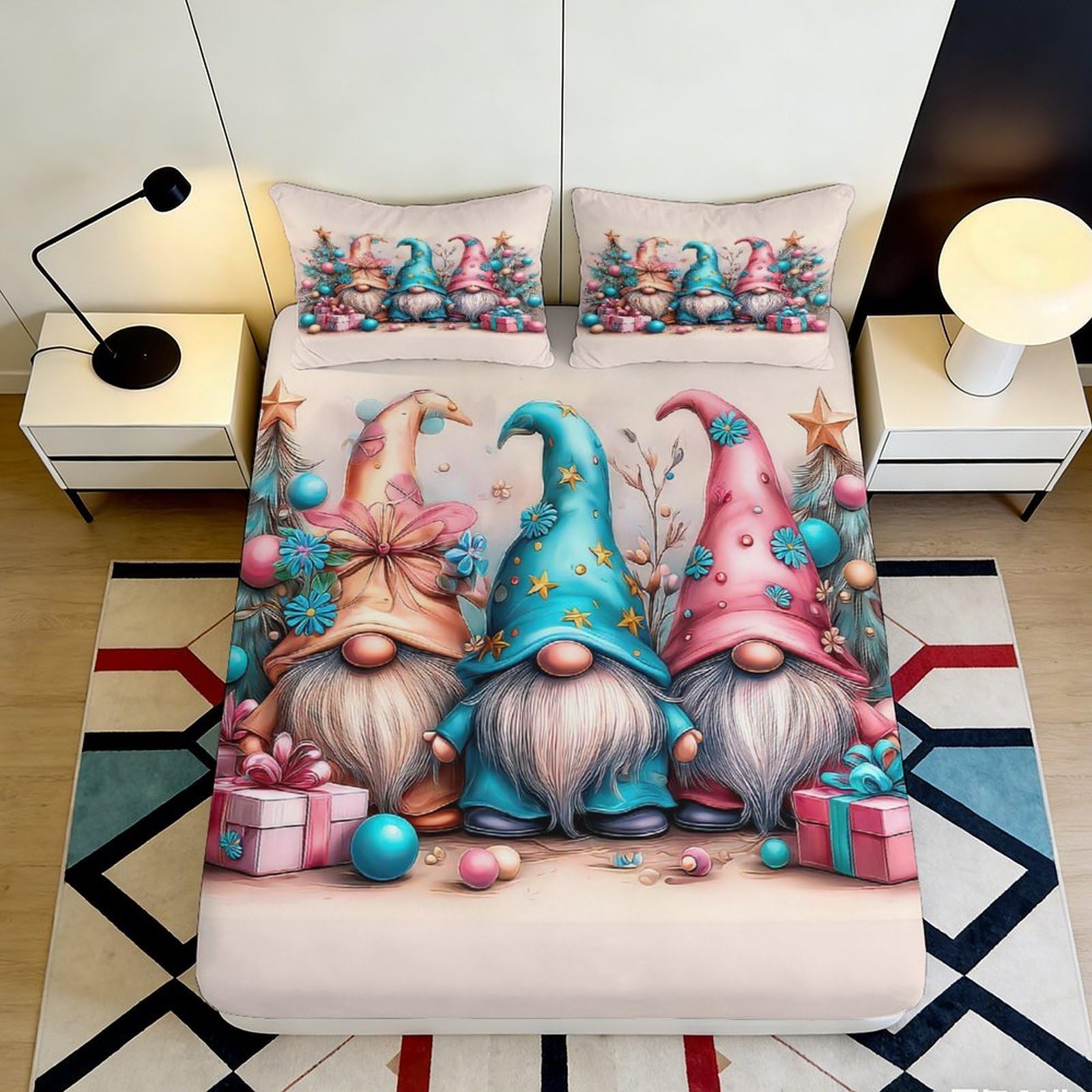 3D Printed Christmas Gnome Fitted Sheet Microfiber Soft Breathable Holiday Bed Cover with 3D Printed Gnome Mattress Cover for Bedroom Dormitory Guest Room 120x200x25cm
