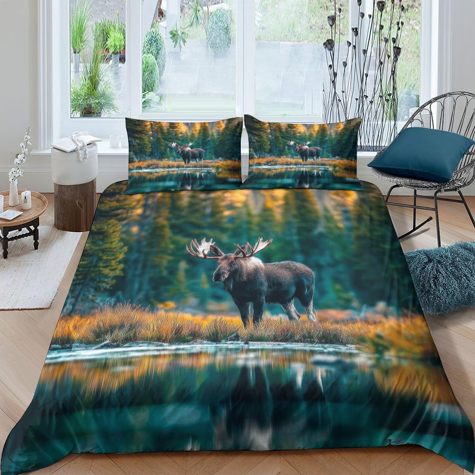 Ctjqhvkz Style-3 3D Printed Forest Moose Fitted Sheet Microfiber Soft Autumn Lake Bed Cover For Bedroom Guest Room Decor Single（135X200cm）