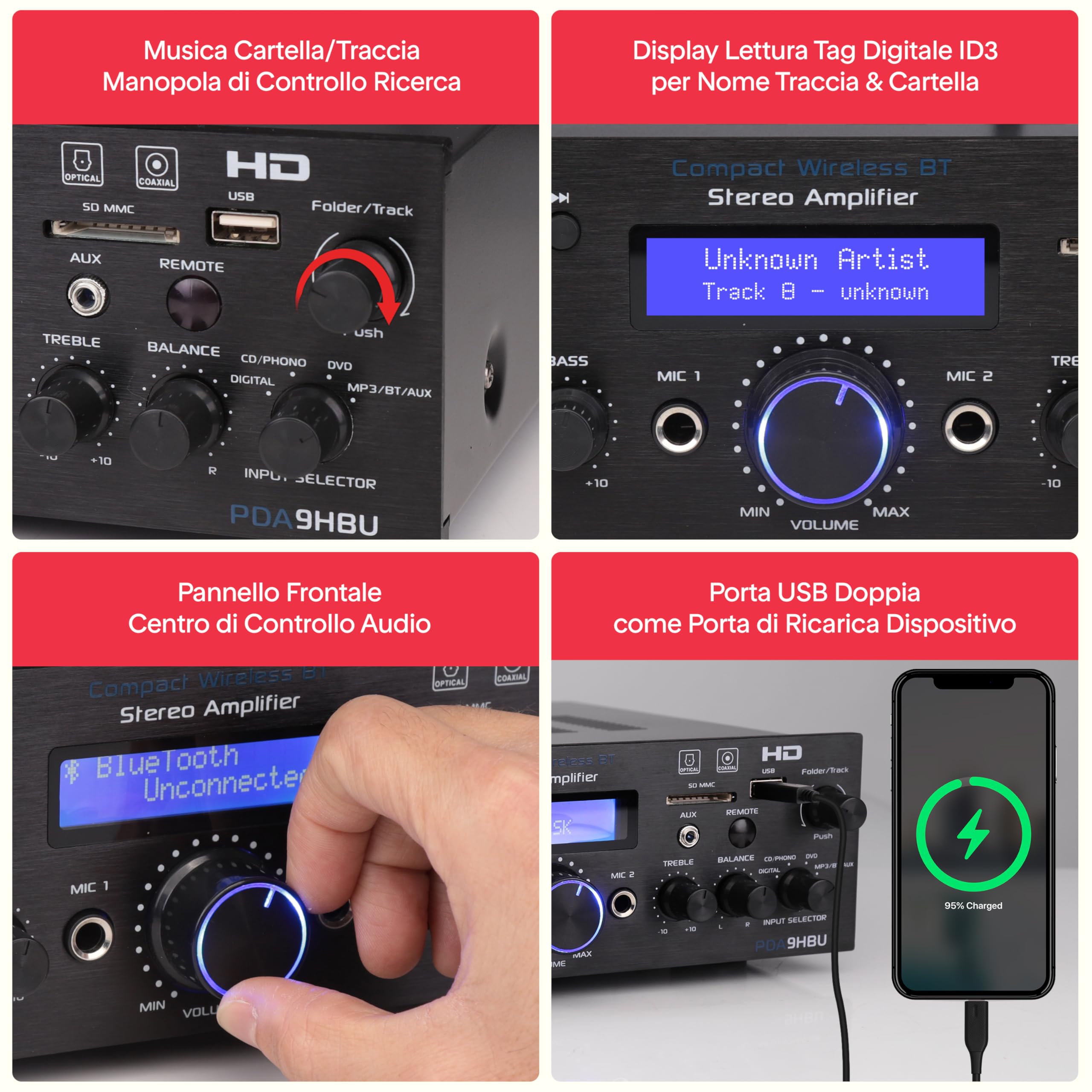 Pyle Amplificatore Audio Stereo Bluetooth Wireless per Casa, Amplificatore Multicanale 200 Watt, Ricevitore Audio con HDMI, USB/SD, AUX, RCA, Radio FM