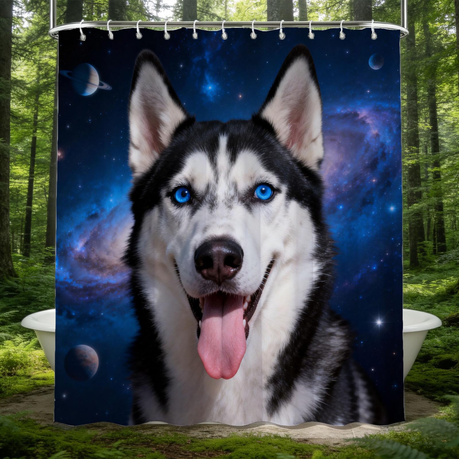 Hongduo 3D Husky Shower Curtain for Stalls Bathtubs Starry Sky Bathroom Decor Shower Curtain Set Polyester Fabric Waterproof 180x180cm/71X71 Inch with Hooks