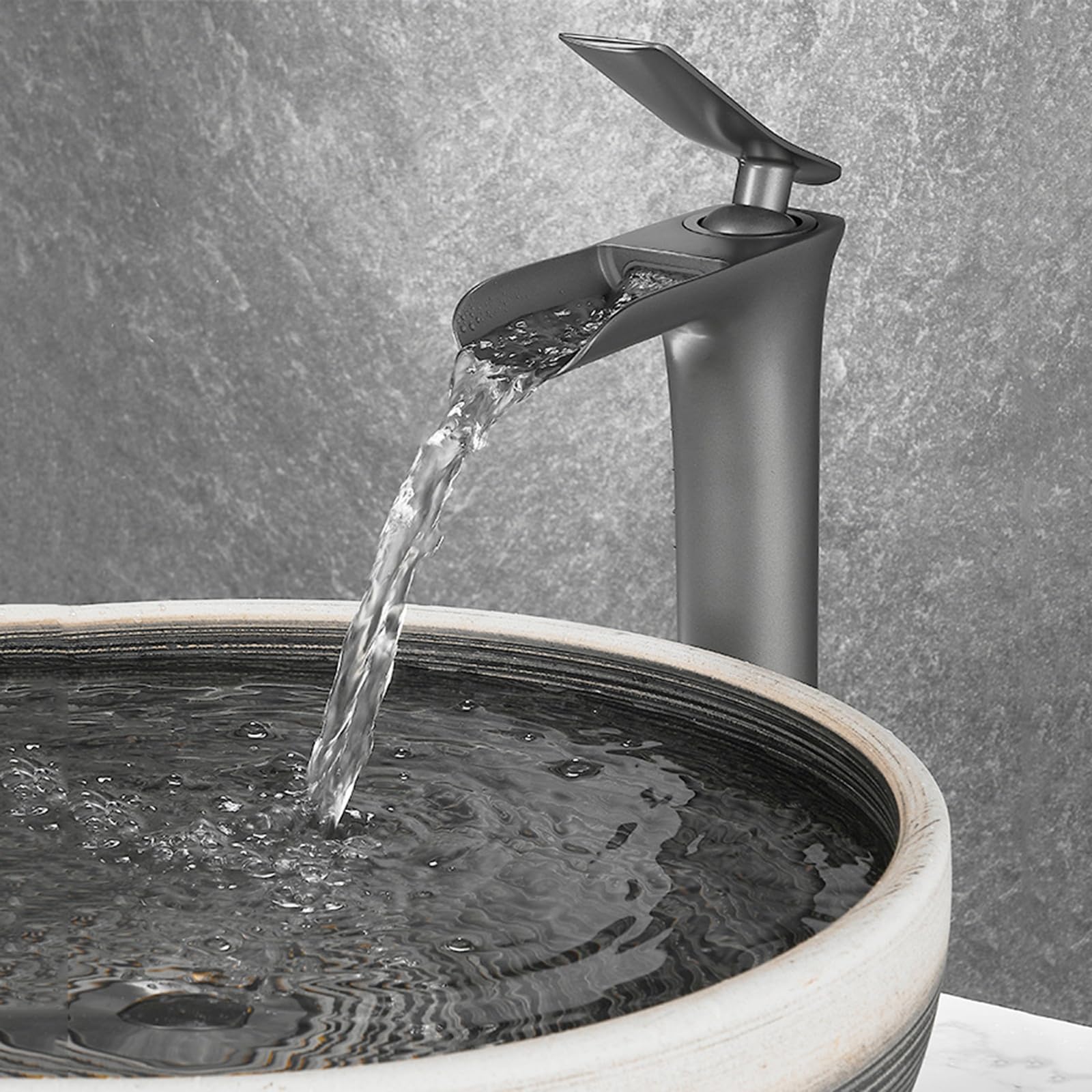 Mischbatterie Waschbecken Wasserfall Hoch Einhandmischer Mischbatterie Armatur Waschbecken Badezimmer Spritzwassergeschützt Heiß Und Kalt Komplett Aus Kupfer,Pistolengrau,hoch