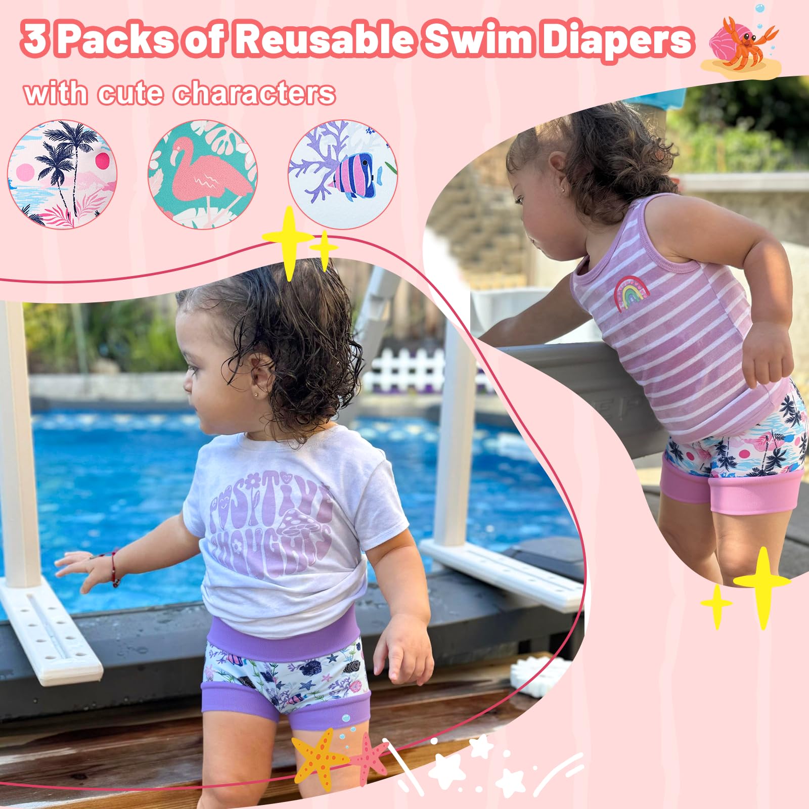 FLYISH DIRECT Couches de Bain Lavable et Réutilisables, lot de 3 Couches de Bain enfants, Couche Piscine Bébés Lavable, Trio tropical, 4-5 Ans