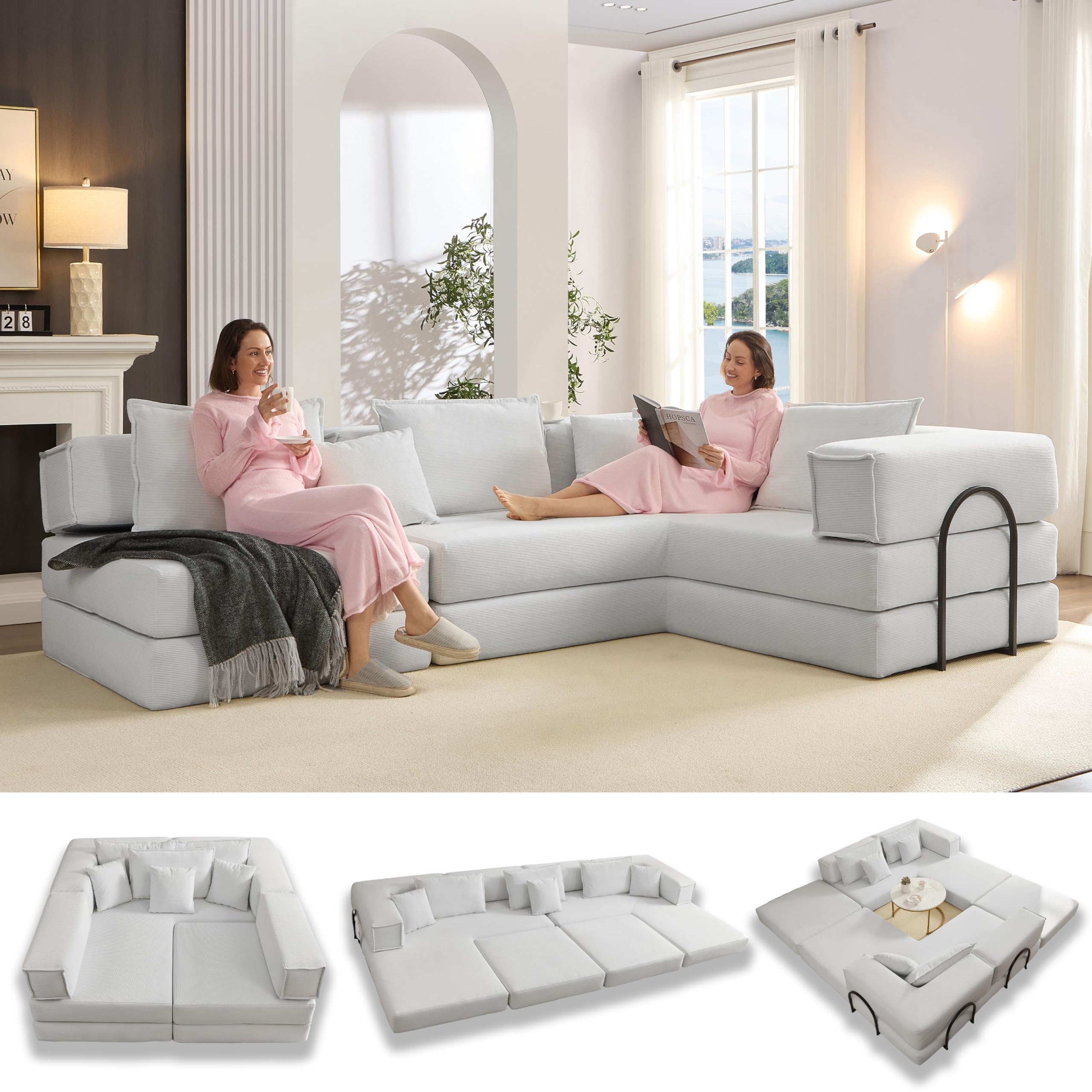 LuxyHoom 118.2" Oversized Corduroy L Shaped Sectional Couch, Folding Sleeper Sofa Bed with Iron Frame, Convertible Comfy Cloud Floor Couch Set, Modern