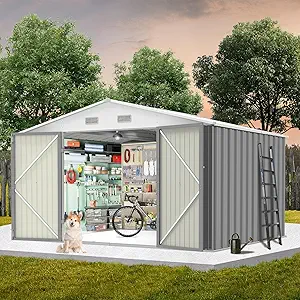 10 x 8 Ft Outdoor Storage Shed with Updated Frame Structure & Lockable Door, Waterproof Practical Garden Patio Lawn Poolside Metal Tool Shed Designed for Organization & Storage, Gray