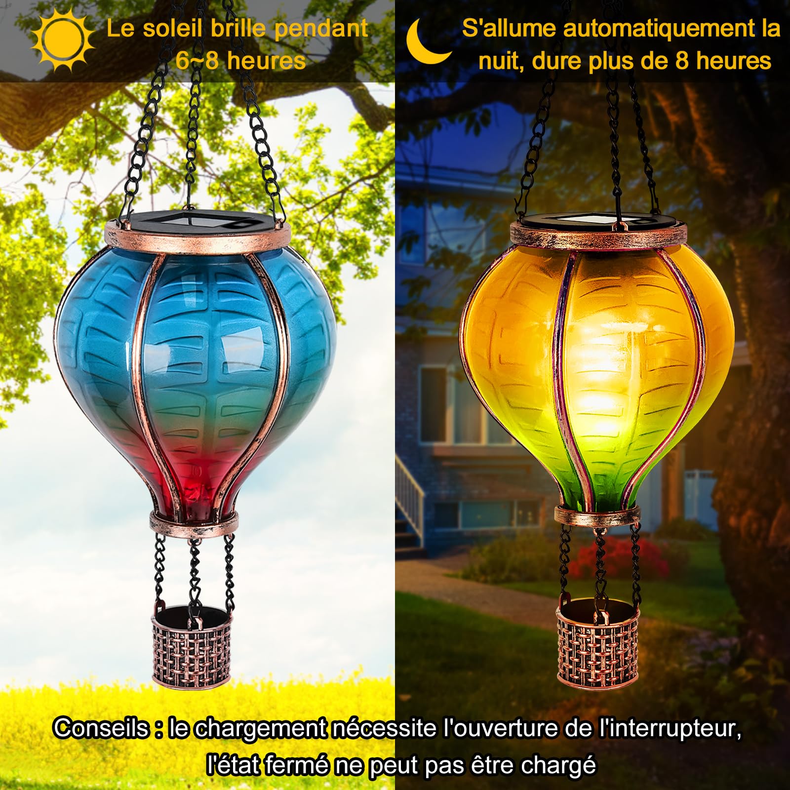 IEEILULU 2PCS Lanterne Solaire Exterieur, Montgolfière Lanterne Exterieur avec Effet de Flamme, Lumière Extérieure LED Étanche pour Terrasse Extérieure Balcon Chemin