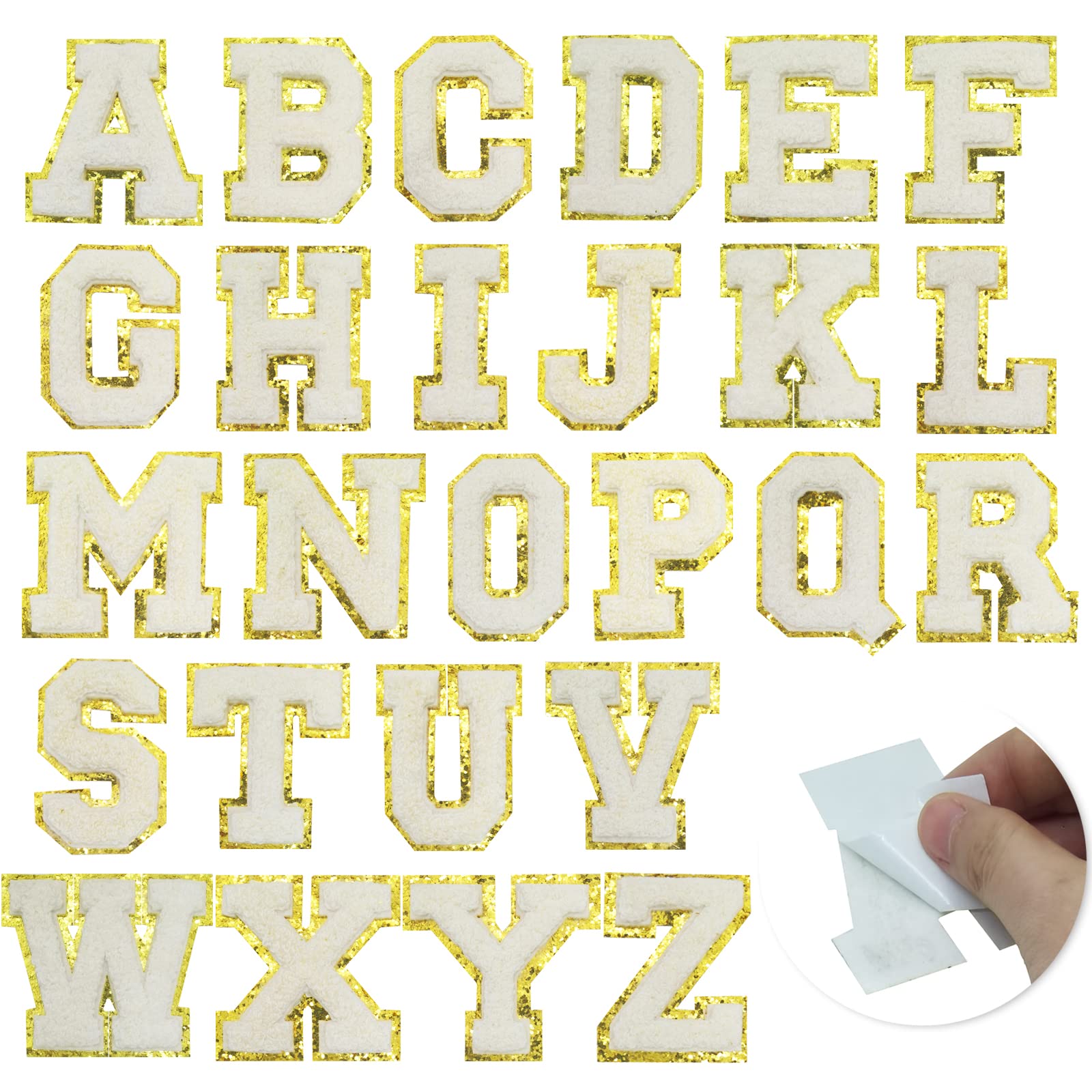 TrendyChic26 Pieces Self Adhesive Chenille Letter Patches,Iron On Letters A-Z Stoney Clover Patches,Varsity Embroidered Gold Glitter Border Alphabet Patches for Clothing DIY Craft (White)