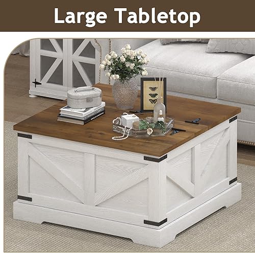 Miniatura 5 de Mesa de Centro de Granja con Compartimento de Almacenamiento Oculto, Mesa de Centro Cuadrada Blanca para Sala de Estar, Mesa Central de Madera con
