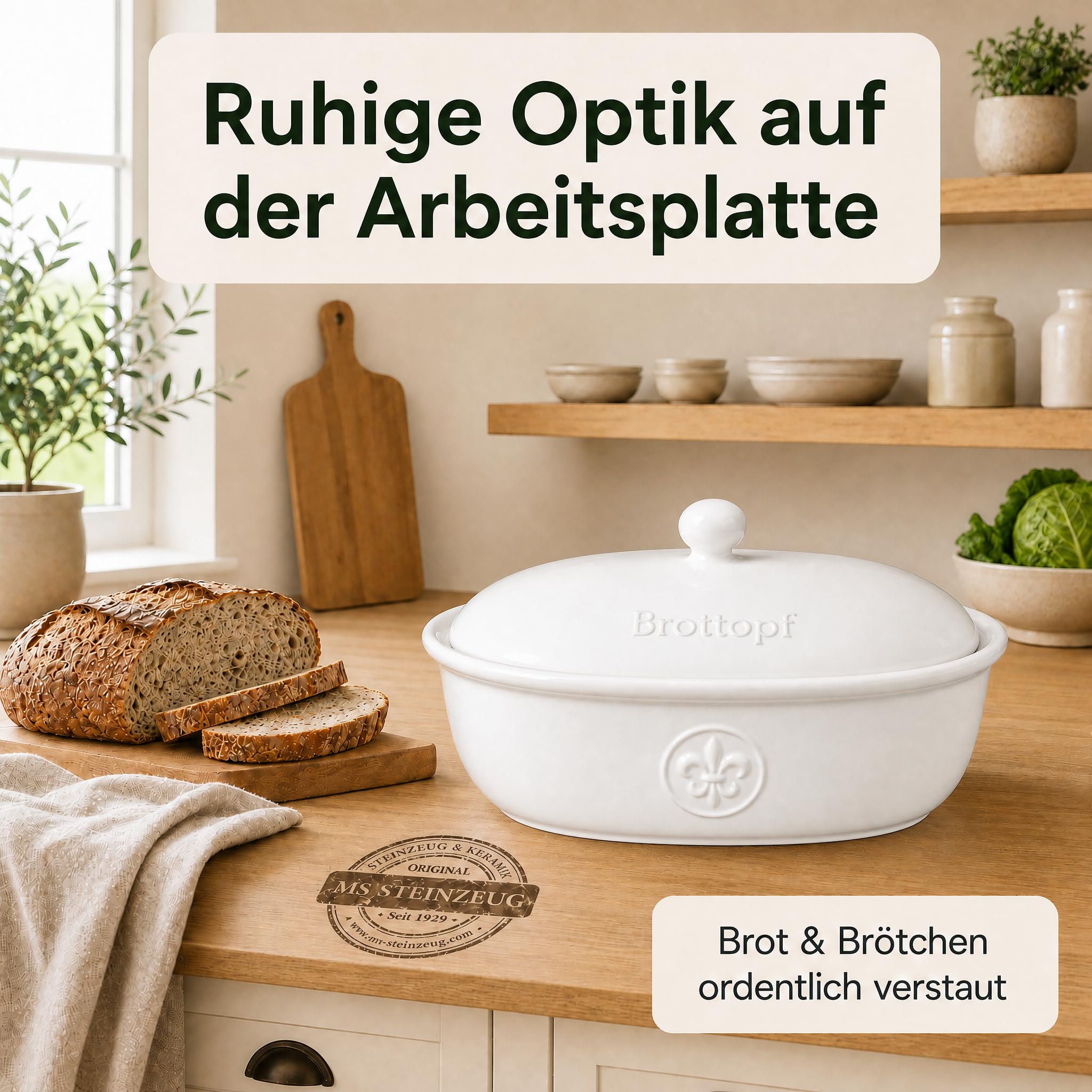 Brottopf in weiss - Brotkasten - oval - Steingut mit Belüftung | Glasierter Steingut-Brotkasten für ordentliche Brotaufbewahrung – hält Brot länger frisch dank seitlicher Belüftung