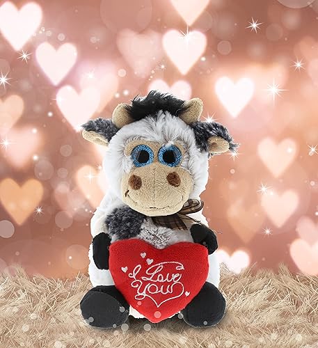 Miniatura 5 de DolliBu Vaca sentada de peluche con texto en inglés "I Love You", bonito animal de peluche con corazón rojo y nombre, regalo personalizado para el
