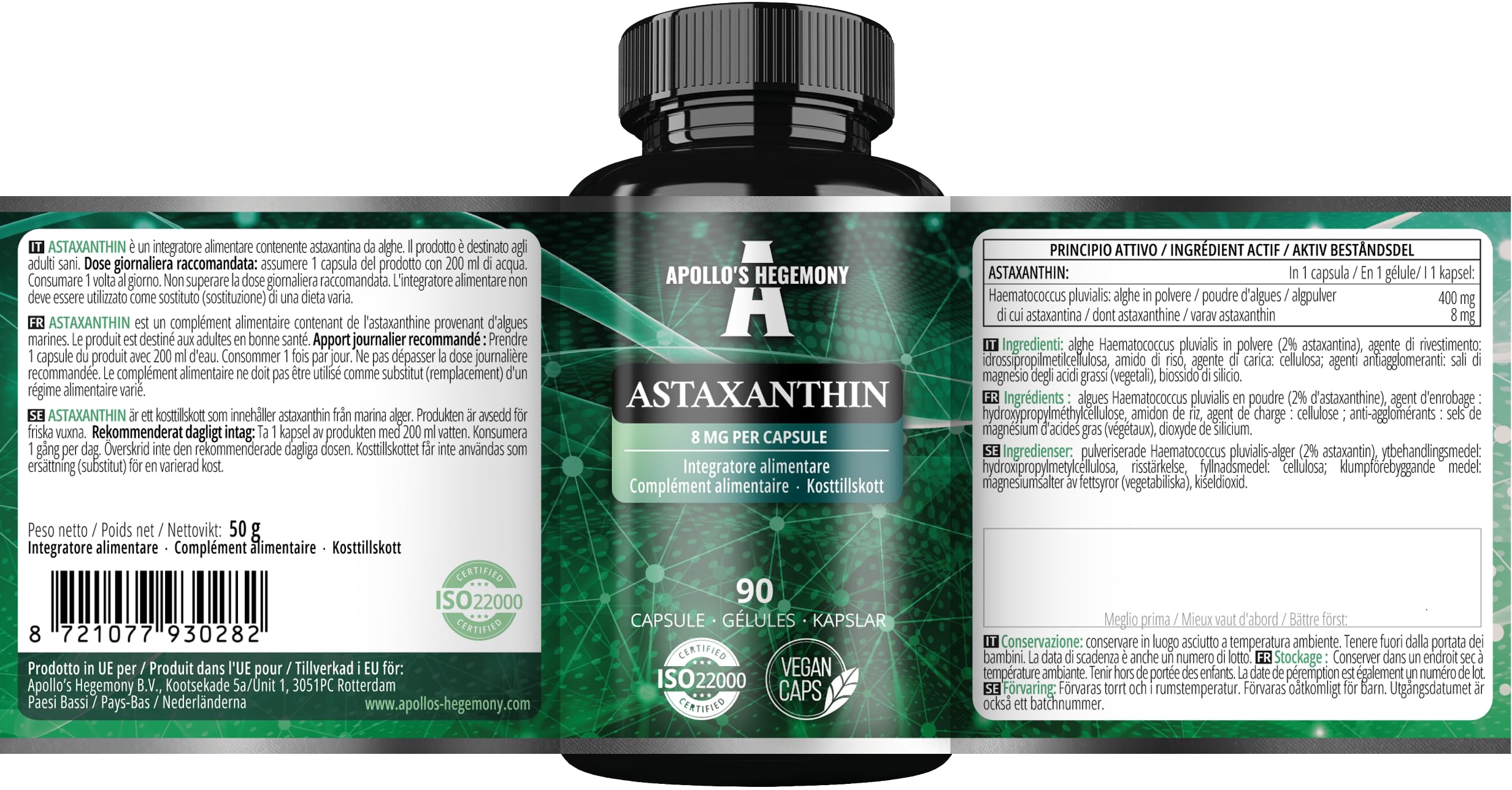 Astaxantina 8 mg da microalghe Haematococcus pluvialis - 90 capsule vegane - 3 mesi di fornitura - Potente antiossidante - Integratore alimentare - Apollo's Hegemony