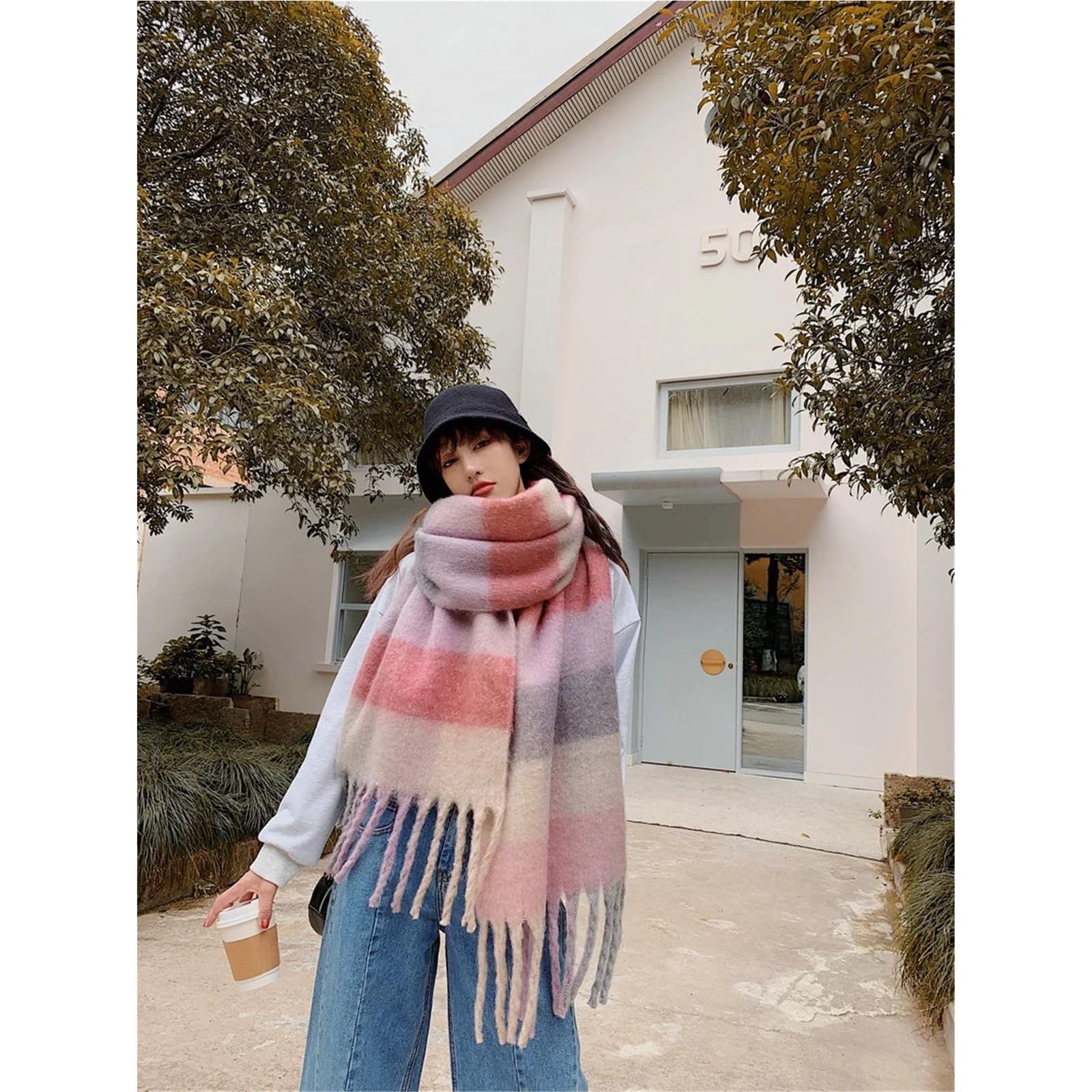 Sciarpa Invernale in Pashmina di Cashmere da Donna, Calda Coperta Scialle con Lunghe Nappe(C)