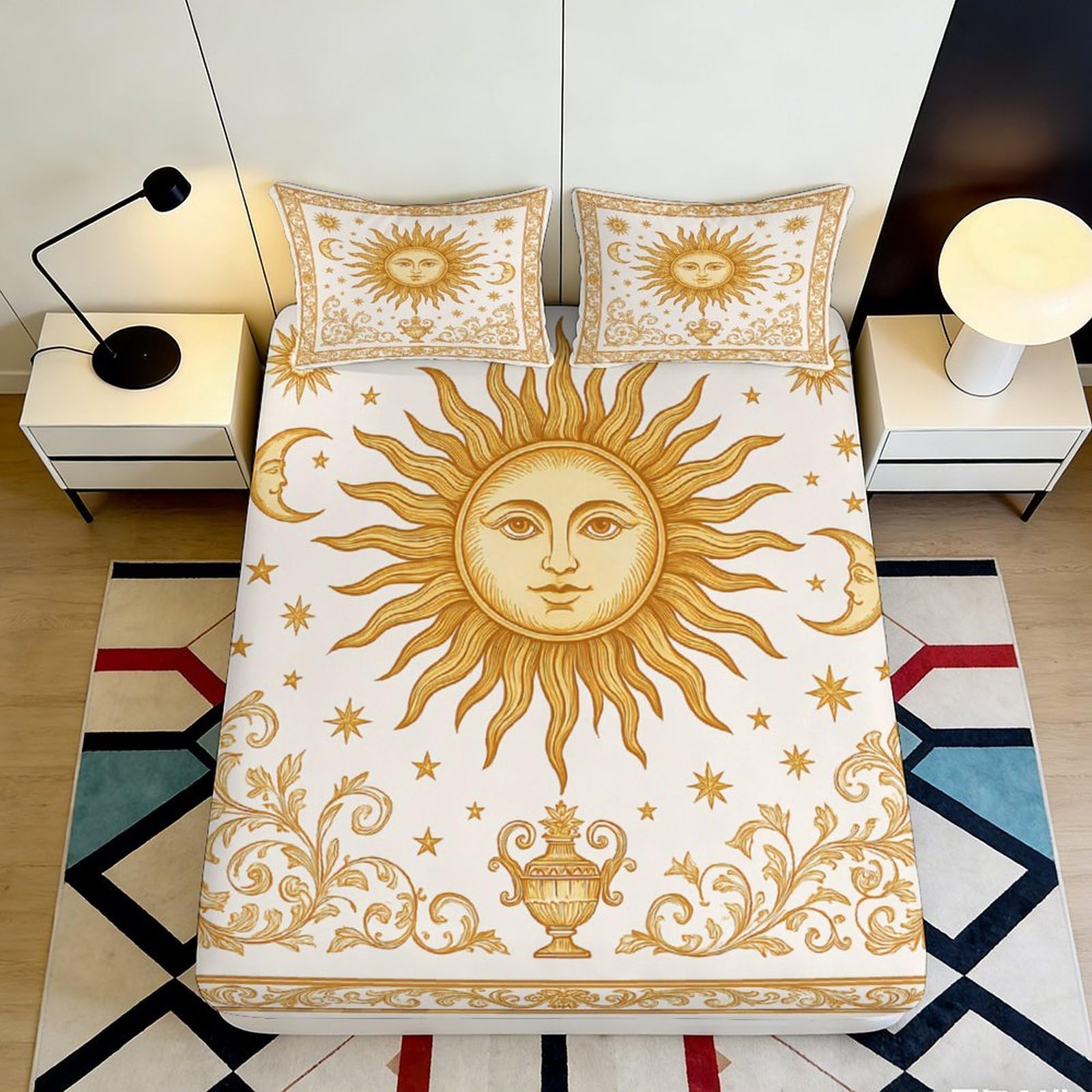 3D Printed Sun Pattern Fitted Sheet Microfiber Soft Breathable Celestial Stars Mattress Cover for Bedroom Dormitory Guest Room Protection Decor 90x200x25cm