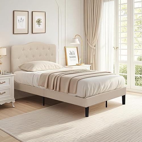 Miniatura 30 de VECELO Base de cama de plataforma de tamaño matrimonial con cabecera tapizada de tela y soporte de listones de madera, no necesita somier, fácil