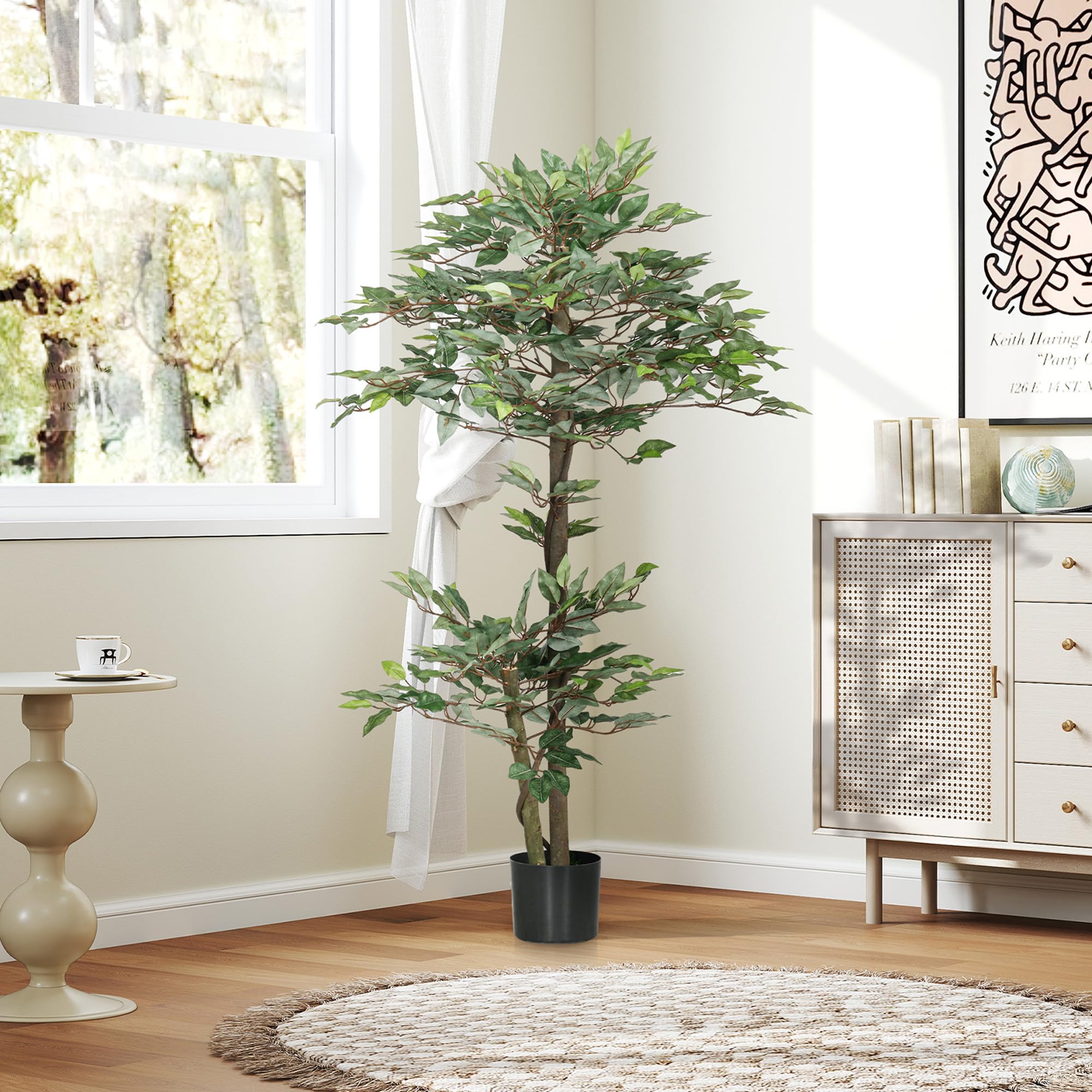 Outsunny Arbre Artificiel Ficus Hauteur 1,5 m Grand Réalisme Pot Inclus | Plante Artificiel, Tronc, Branches, Liane, Lichen, Feuilles