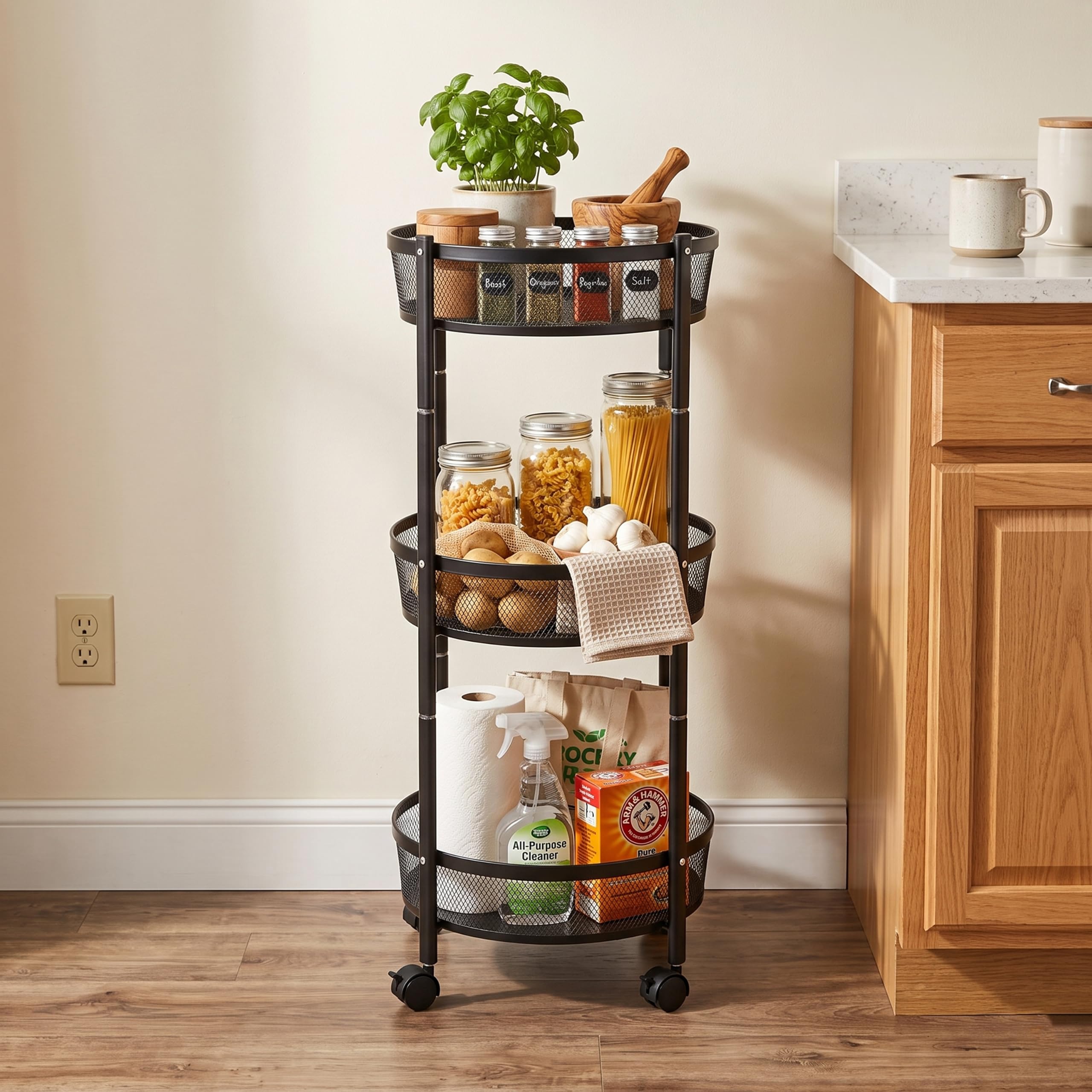 ALOXE 3 Tier Round Metal Mesh Trolley with Lockable Wheels, Foldable Storage Cart for Kitchen, Pantry & Home, Black-image-14