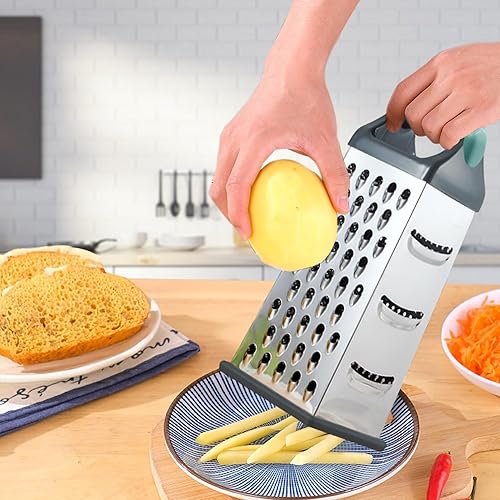 Miniatura 6 de Ralladores de queso para cocina, rallador de caja de acero inoxidable con asa, cortador de queso de 4 caras para alimentos, verduras, papas,