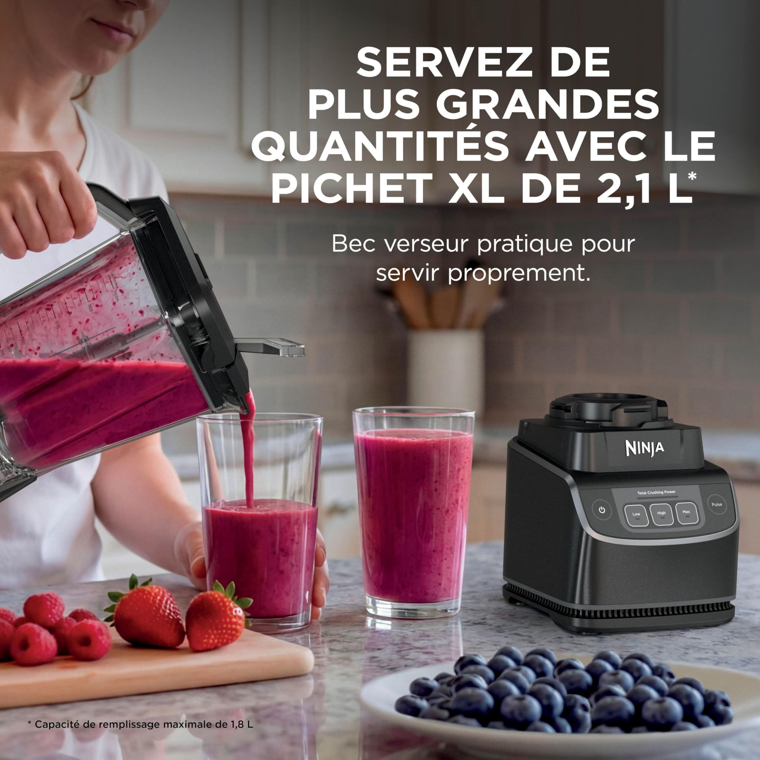 Ninja UltraCrush Mixeur Blender, 3 réglages de vitesse, 1,9L BP201EU | mode manuel Pulse (Impulsion), grande carafe à capacité de 1,9 L, pour préparer smoothies, sauces et plus, Noir