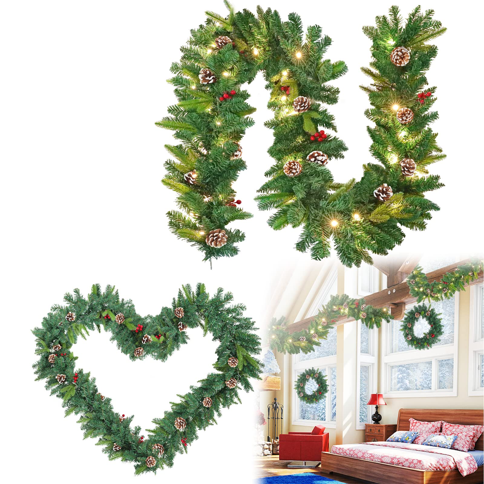 HENGMEI Weihnachtsgirlande 5m Tannengirlande mit Beleuchtung Weihnachtsdeko Girlande Türkranz Künstliche Weihnachtskranz für Innen & Außen(Typ B, Grün)