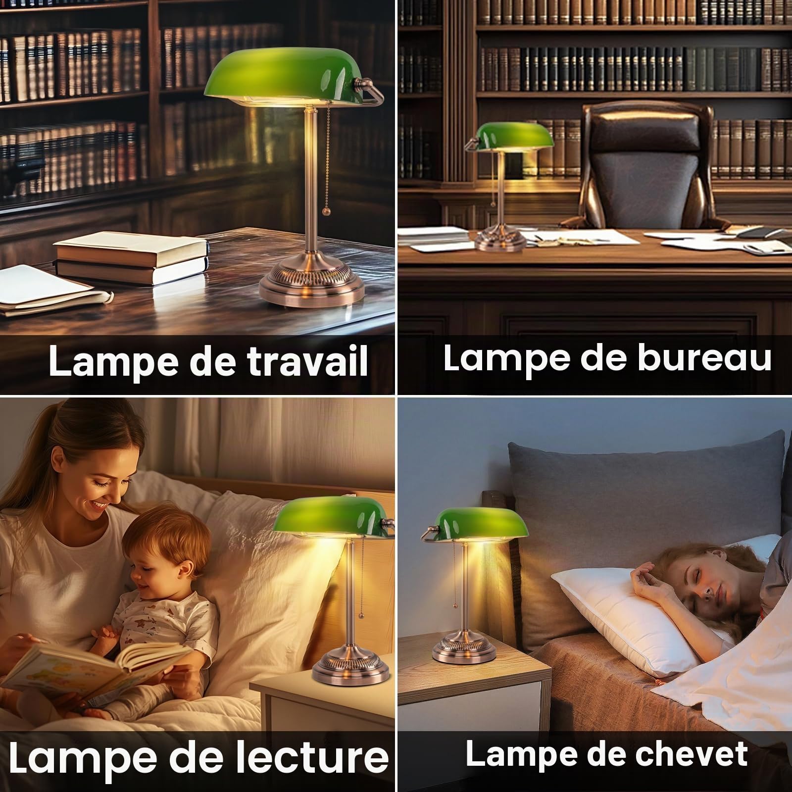 FIRVRE Lampe de bureau Banker, abat-jour en verre vert, lampe de bureau vintage avec interrupteur à chaîne, lampes de table rétro pour bureau à domicile, bibliothèque, piano