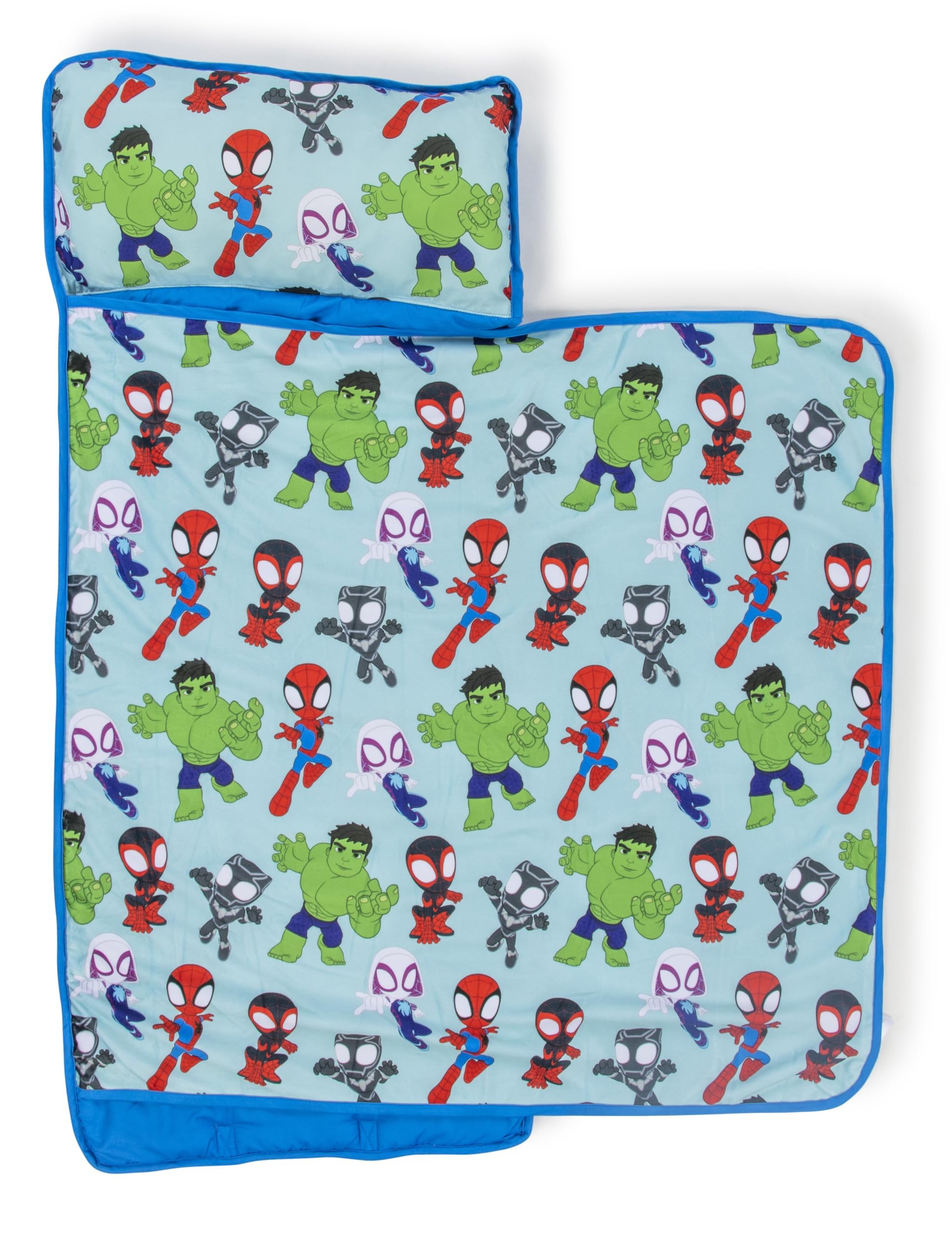 Jay Franco Toddler Nap Mat with Built-in Pillow and Blanket - Soft 46 x 20-inch Microfiber Kids Sleeping Bag for School or Sleepover, Blue - Spidey & His Amazing Friends