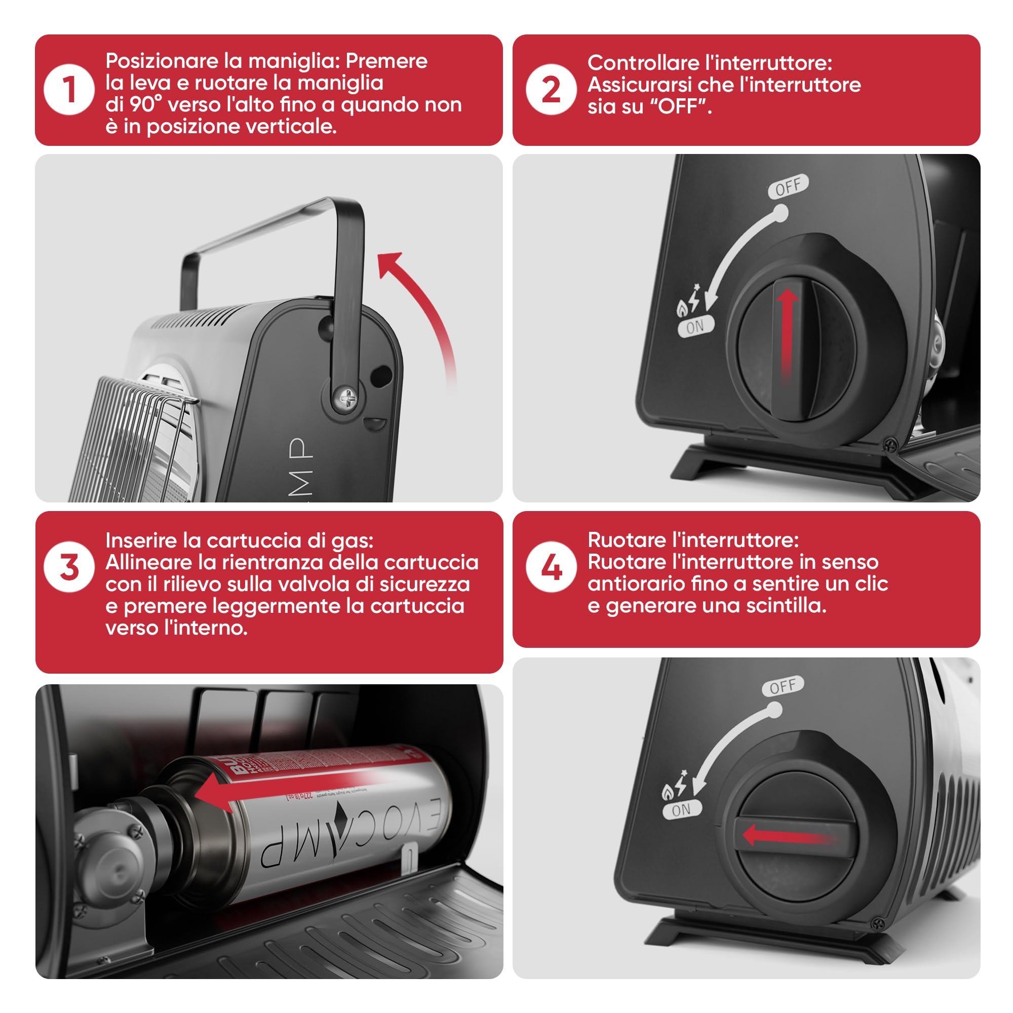 EVOCAMP Riscaldatore a gas portatile, riscaldatore da campeggio 1,7 kW, riscaldatore a gas per esterni con sistema di sicurezza contro la carenza di ossigeno (+ 4 cartucce di gas)