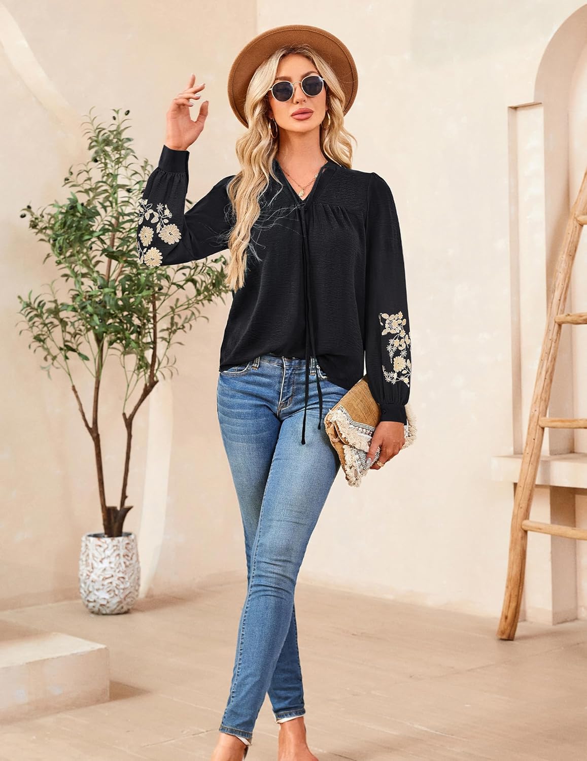 Blouses for Women Dressy Casual Embroidered Boho Tops Trendy Puff Long Sleeve Peplum Babydoll Shirts - Image 6