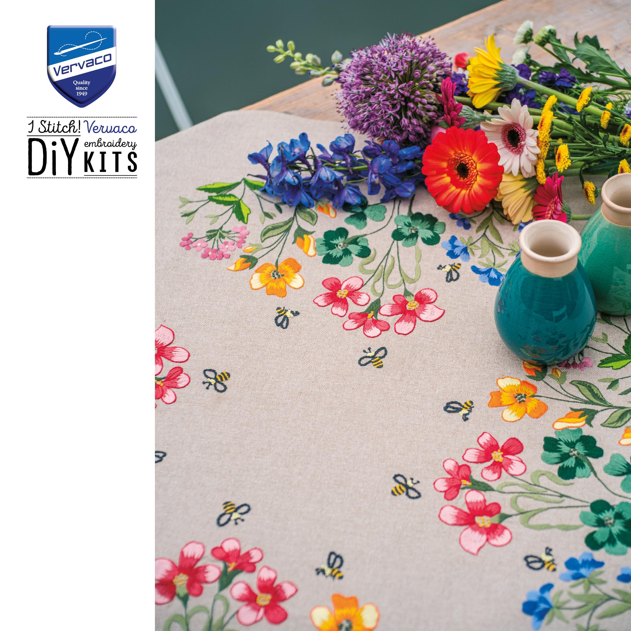 Vervaco Kit Bordado Mantel Set Completo Bordado Tela Impresa FLORES DE CAMPO Decoracion Para Manualidades Principiantes Completo DIY Adultos Set Creativo Regalo 72 x 72 cm Embroidery
