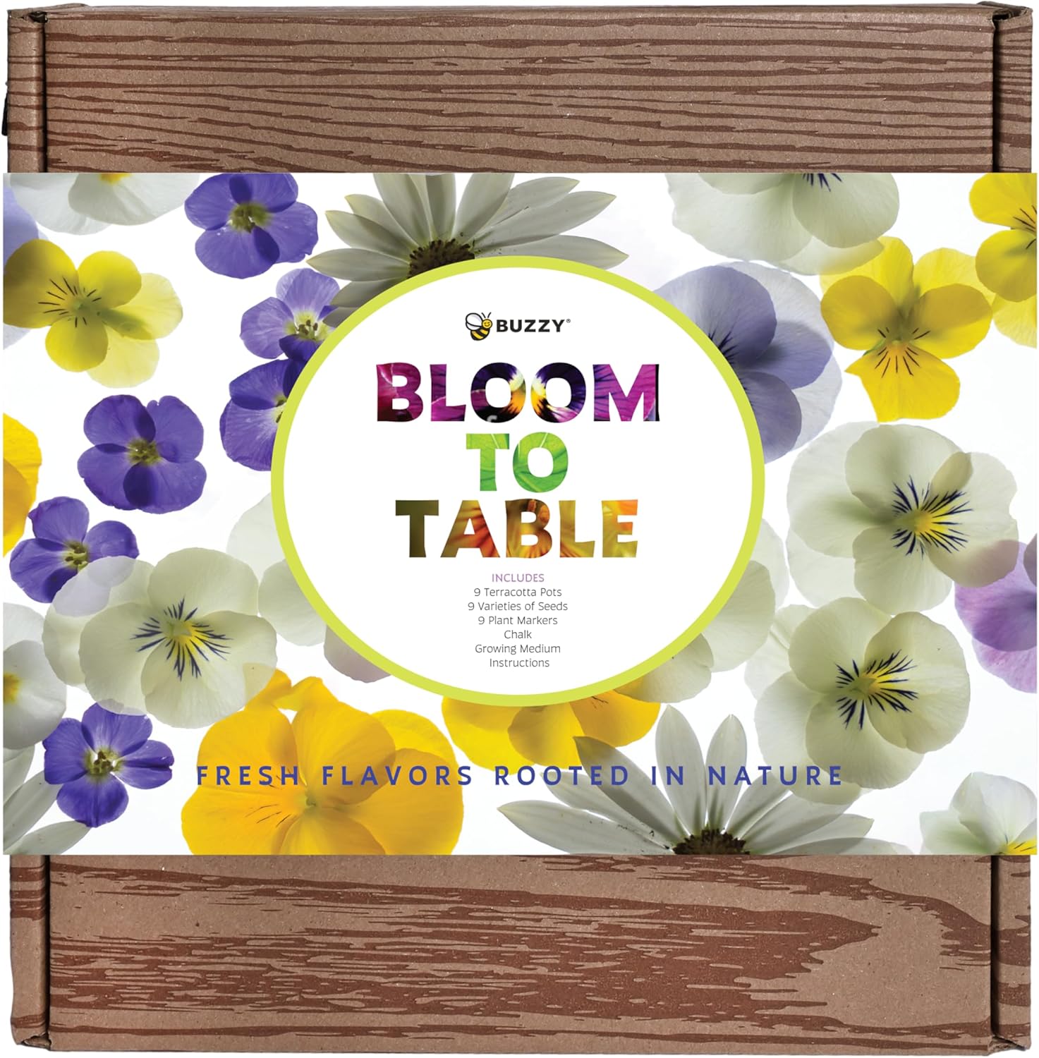 BUZZY Seeds Bloom to Table Garden Grow Kit with 9 Varieties of Non-GMO Fruit, Herb and Flower Seeds, Terracotta Pots, Growing Medium, and Plant Markers, a Gardening Gift for Women