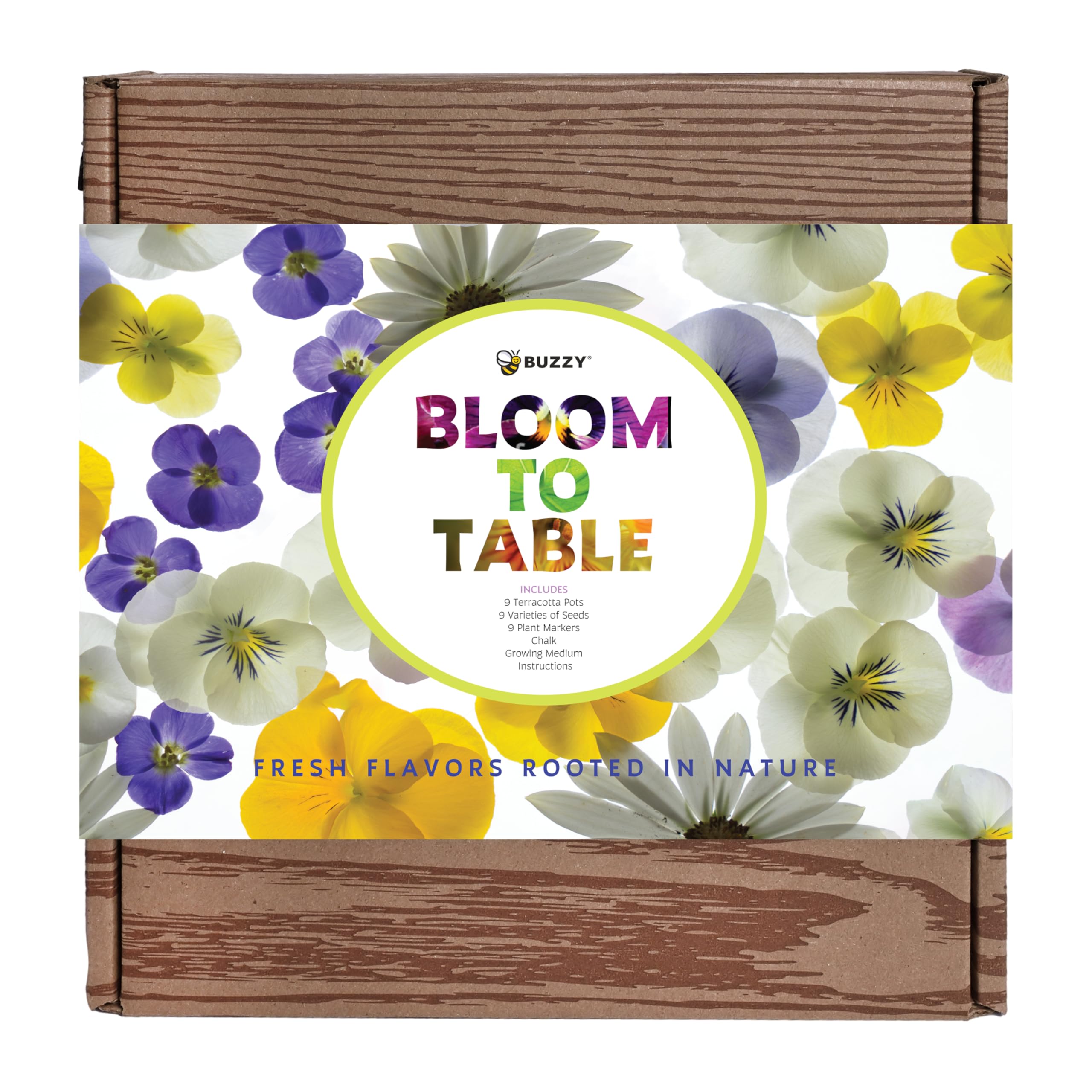 BUZZY Seeds Bloom to Table Garden Grow Kit with 9 Varieties of Non-GMO Fruit, Herb and Flower Seeds, Terracotta Pots, Growing Medium, and Plant Markers, a Gardening Gift for Women