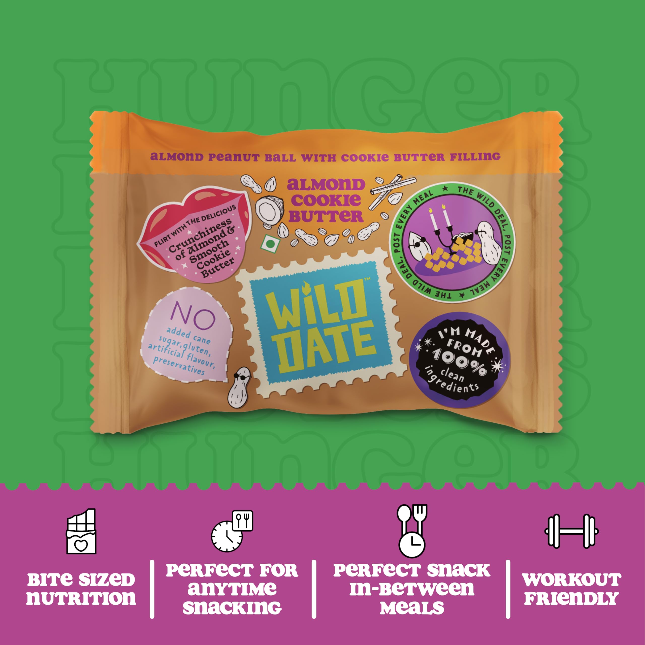 Wild Date Almond Peanut Ball with Cookie Butter Filling – Bite-Sized Bites with Almond-Coated Exterior & Creamy Cookie Butter Centre | Gluten Free, No Added Preservatives | 135 g (Pack of 9) 4