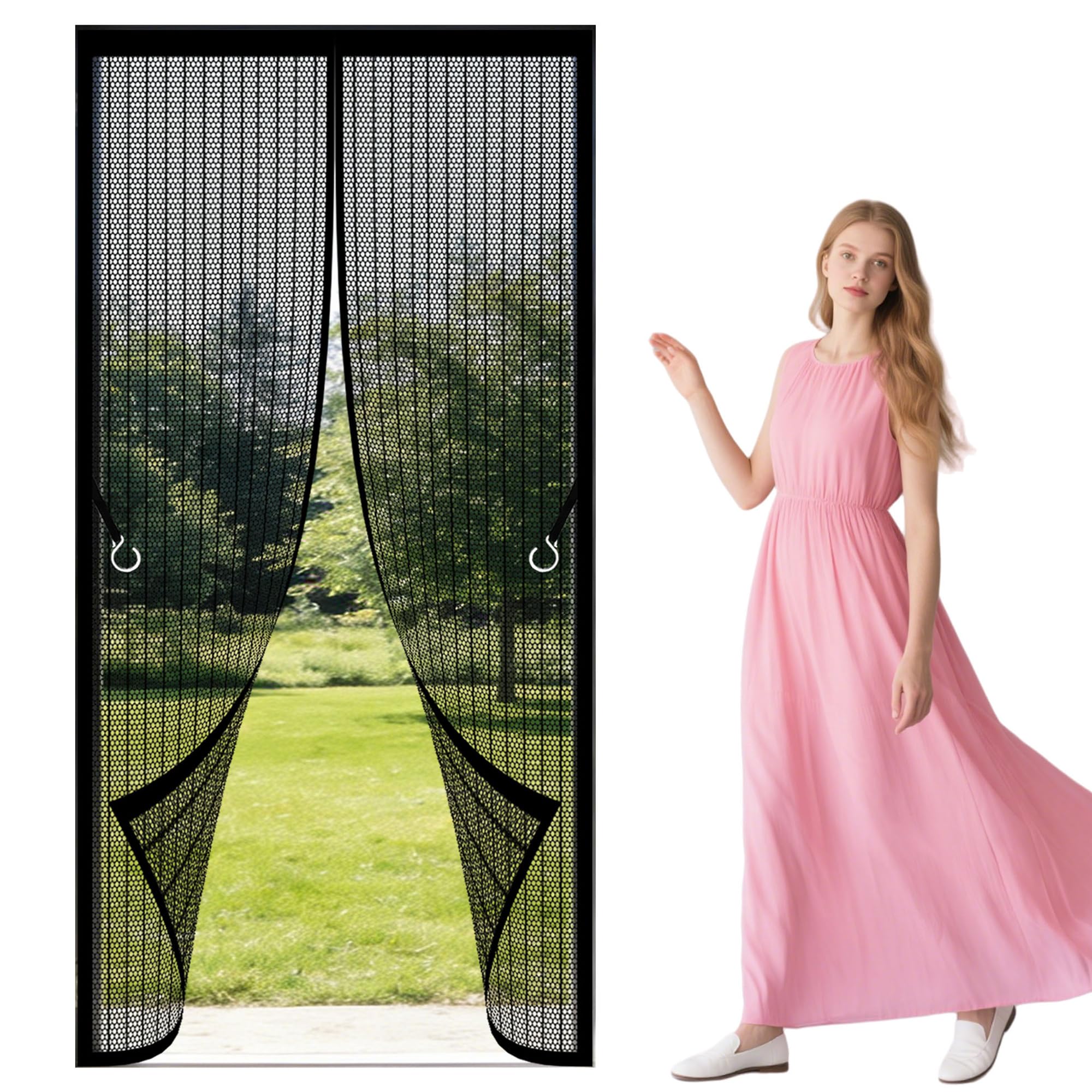 Fly Screen Door 91 x 194 cm No Drill Installation Insect Mesh Keeps Flies Mosquitoes Out Suitable for Balcony, Terrace, Cellar, Bedroom and Sliding Room, Black