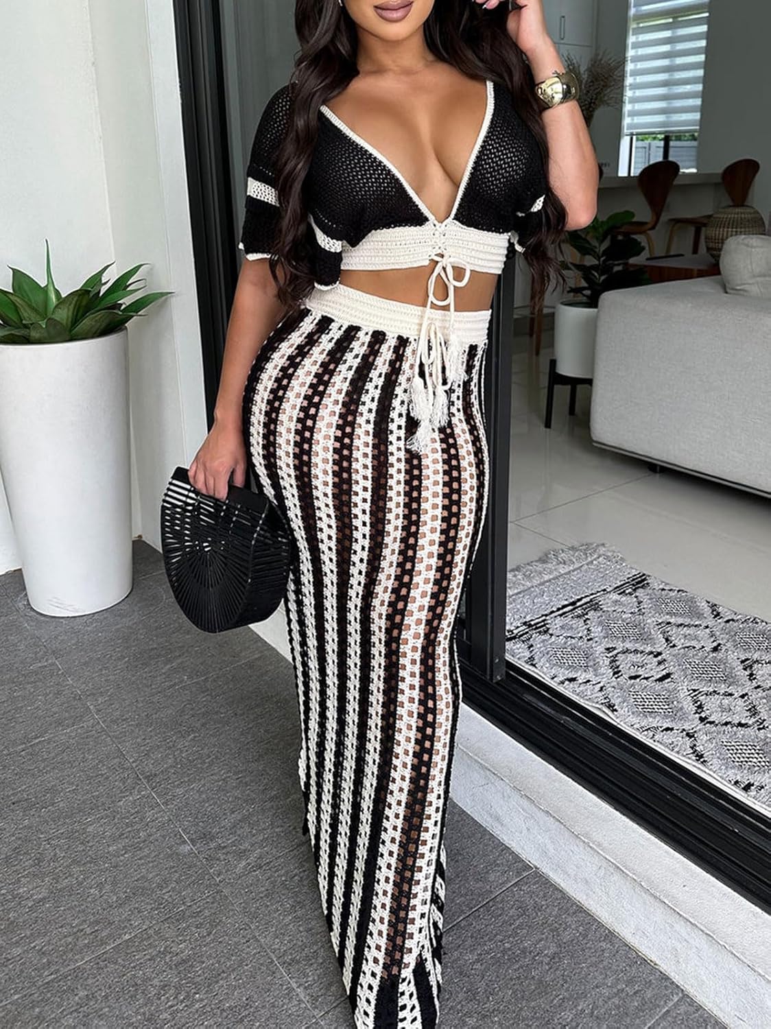 KANSOON Crochet Skirt Sets Women 2 Piece Outfits Knit Striped Hollow Out Short Sleeve V Neck Drawstring Top Maxi Skirts Set - Image 5