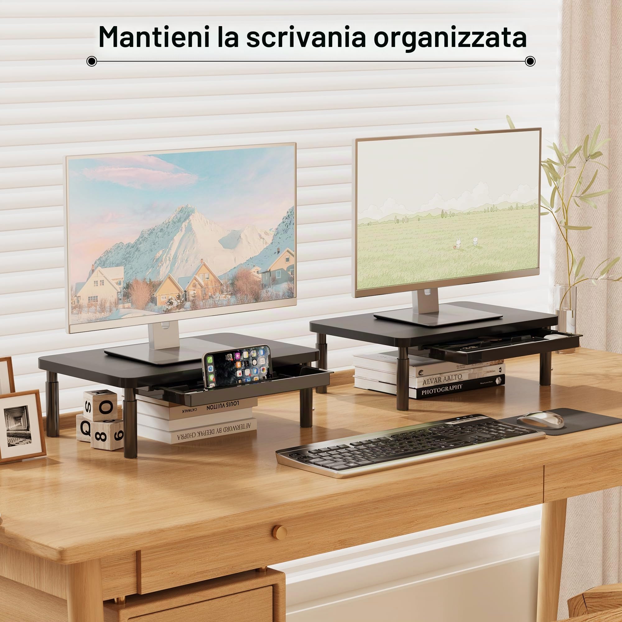 ETHU Supporto per monitor, 3 altezze regolabili (11, 13, 15 cm), con cassetto portaoggetti, organizer da scrivania per ufficio e casa, supporto ergonomico per stampante computer portatile PC