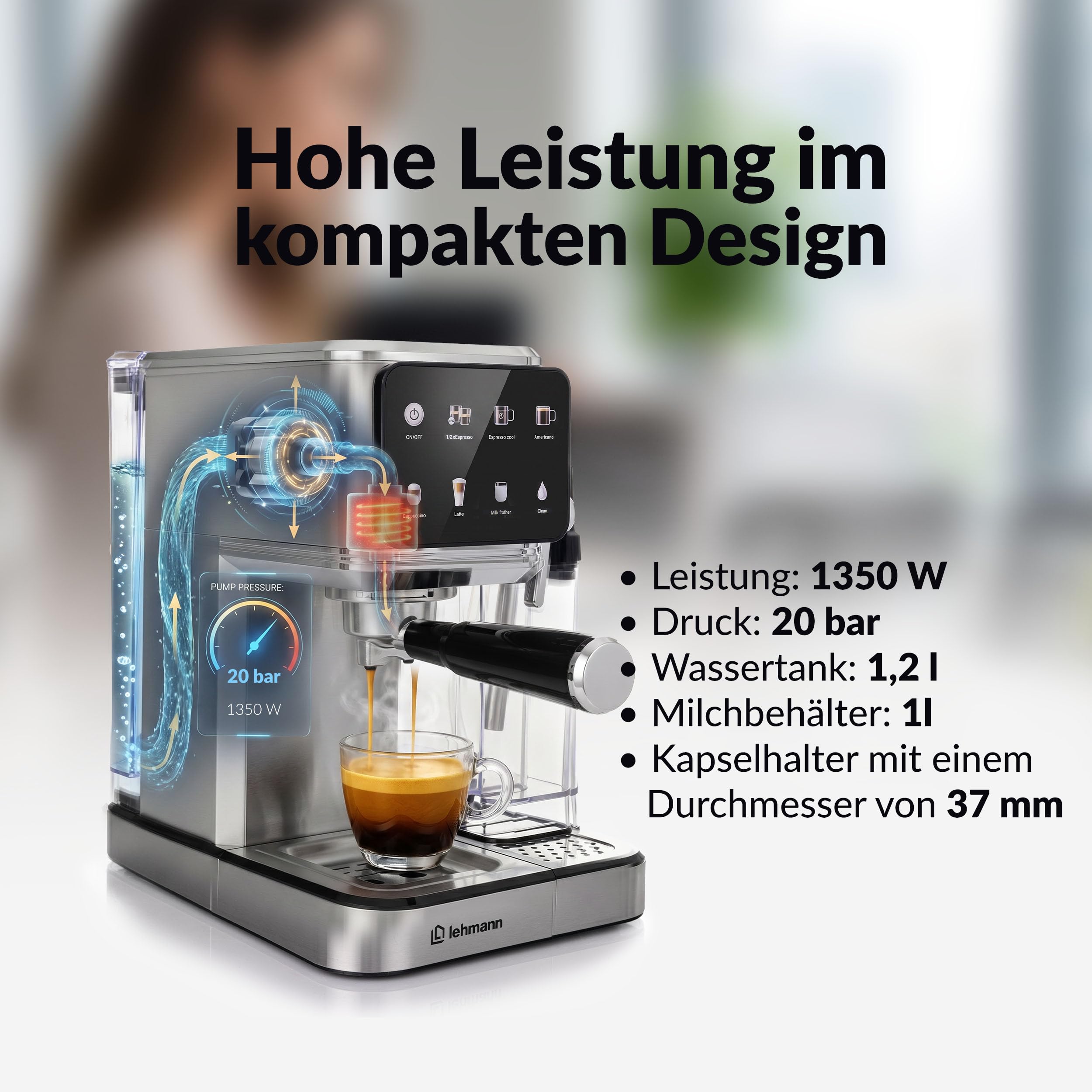 LEHMANN Siebträgermaschine 20 Bar, 7-in-1 Espressomaschine mit Milchtank