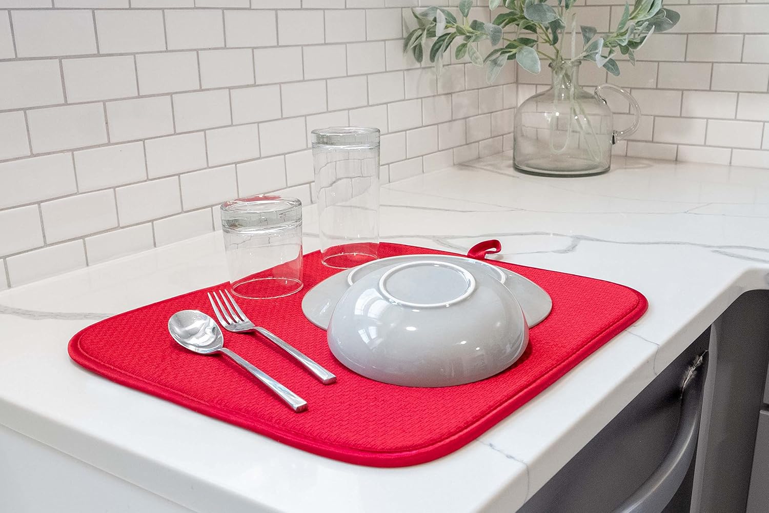 Envision Home Absorbent, Reversible Microfiber Dish Drying Mat for Kitchen, 16 Inch x 18 Inch, Red
