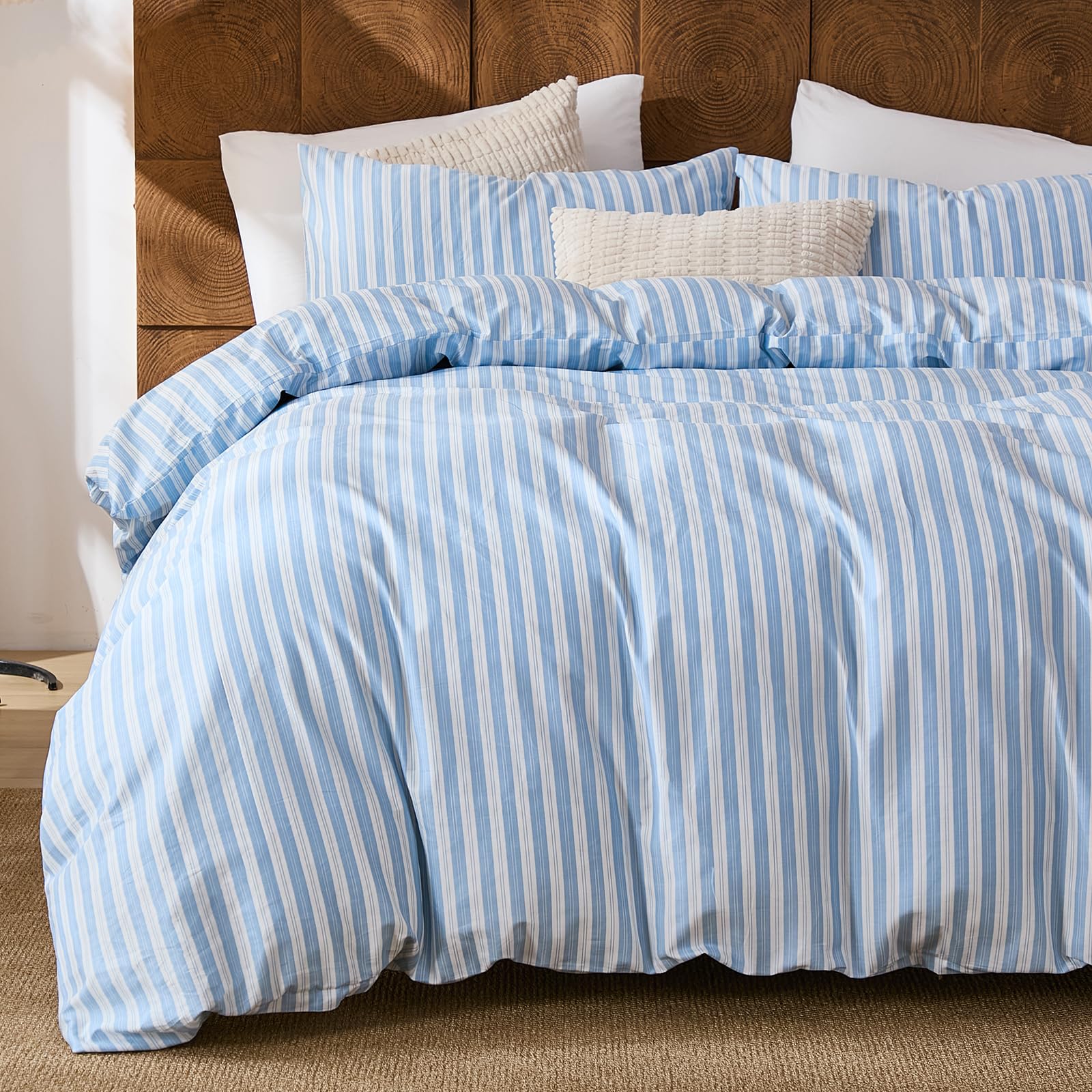 Herside Blue White Striped Duvet Cover Set Super King Size, 100% Cotton Linen Like Textured Bedding with Classic Vertical Stripes, Soft Lightweight Reversible Comforter Cover for All Season