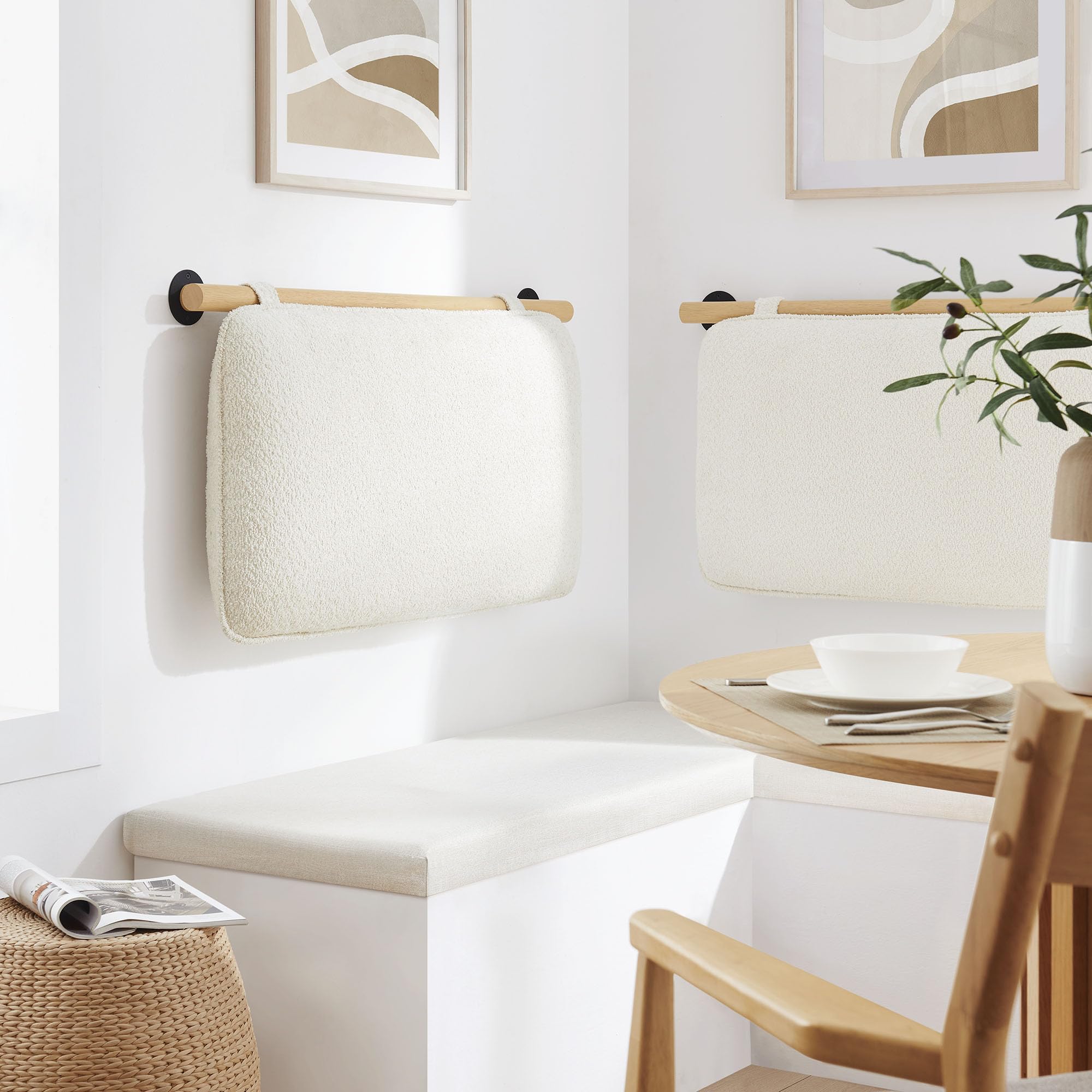 Modway Anela Chenille Upholstered Wall-Mounted Headboard Twin Size in Cream Natural - Floating Padded Headboard with Wood Bar and Cushion for Twin Bed