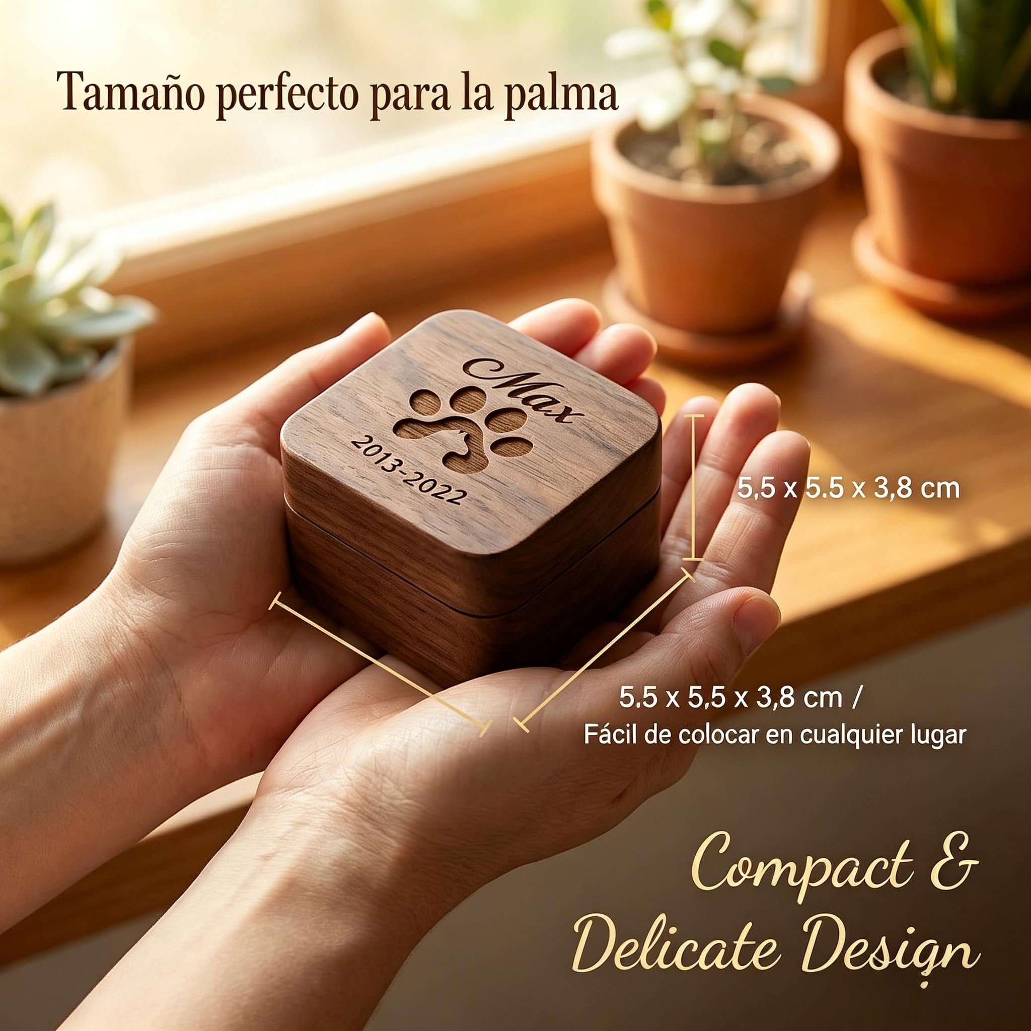 VEELU Regalo Conmemorativo Perro Gato Personalizado - Caja de Recuerdos con Foto y Nombre, Pequeña Urna de Madera para Cenizas y Pelo con 4 Frascos de Vidrio, Regalo por la Pérdida de una Mascota