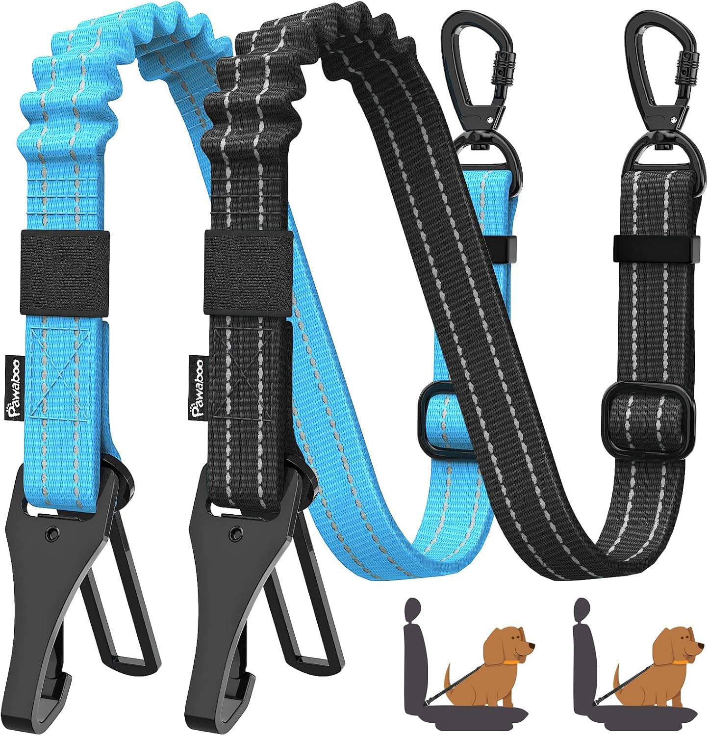Pawaboo 2Pack Dog Seatbelt for Car, 3-in-1 Dog Seat Belt Bungee, Shockproof Dog Tether for Car with Buckle & Hook Latch, Adjustable Reflective Dog Car Harness Leash with 360° Lockable Buckle, Blue Pawaboo 2Pack Dog Seatbelt for Car, 3-in-1 Dog Seat Belt Bungee, Shockproof Dog Tether for Car with Buckle & Hook Latch, Adjustable Reflective Dog Car Harness Leash with 360° Lockable Buckle, Blue