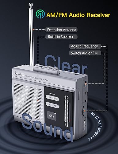 Vista 4 de Arsvita Reproductor de casete portátil y grabador, convertidor digital de cassette a MP3, cinta de radio AM/FM Walkman, soporte 4-32G tarjeta Micro